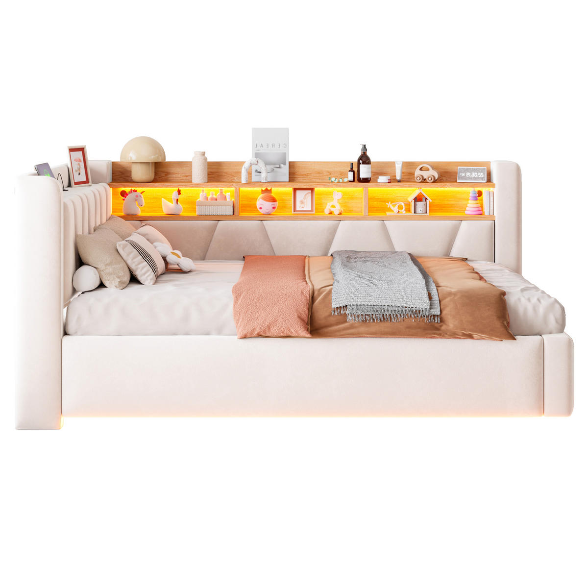 BOXBETT 90/200 mit LED/Regal/USB/Bettkasten, Samt, Beige - Beige, Holz (90/200cm) - LVHOM