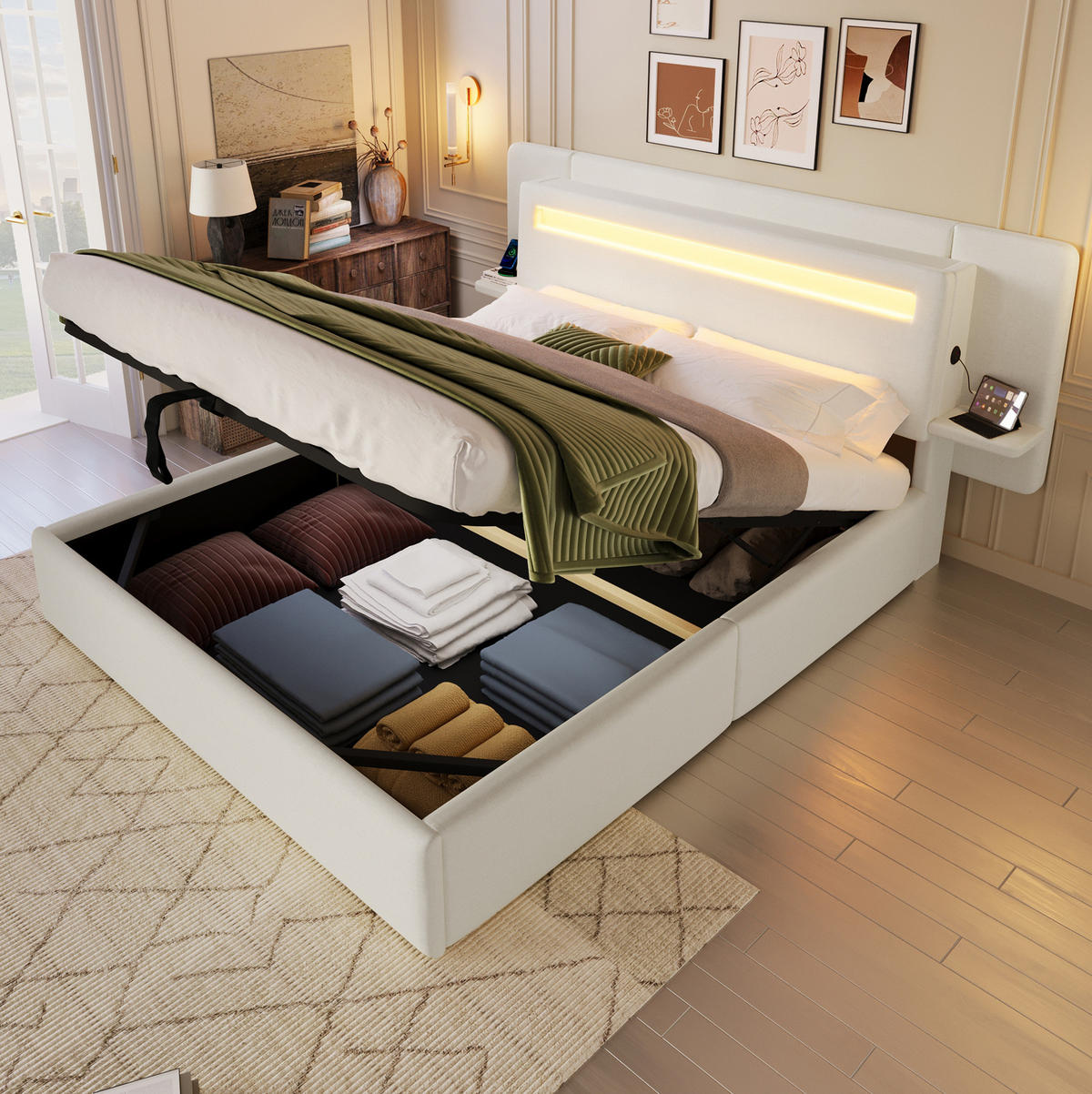 POLSTERBETT aus MDF und Leinen 140x200 cm Beige mit Bettkasten, LED-Beleuchtung, Nachttisch und USB-Anschluss - Beige, Textil (140/200cm) - Modfu