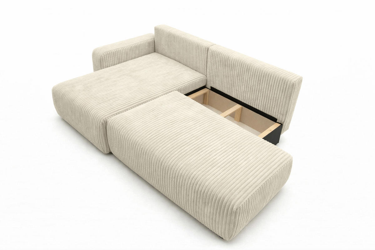 ECKSOFA Mit Schlaffunktion Und Bettkasten, Cordstoff Tilia, Ecru, Links, OPEN XL - Ecru, Holz (262/145cm) - Kaiser Möbel