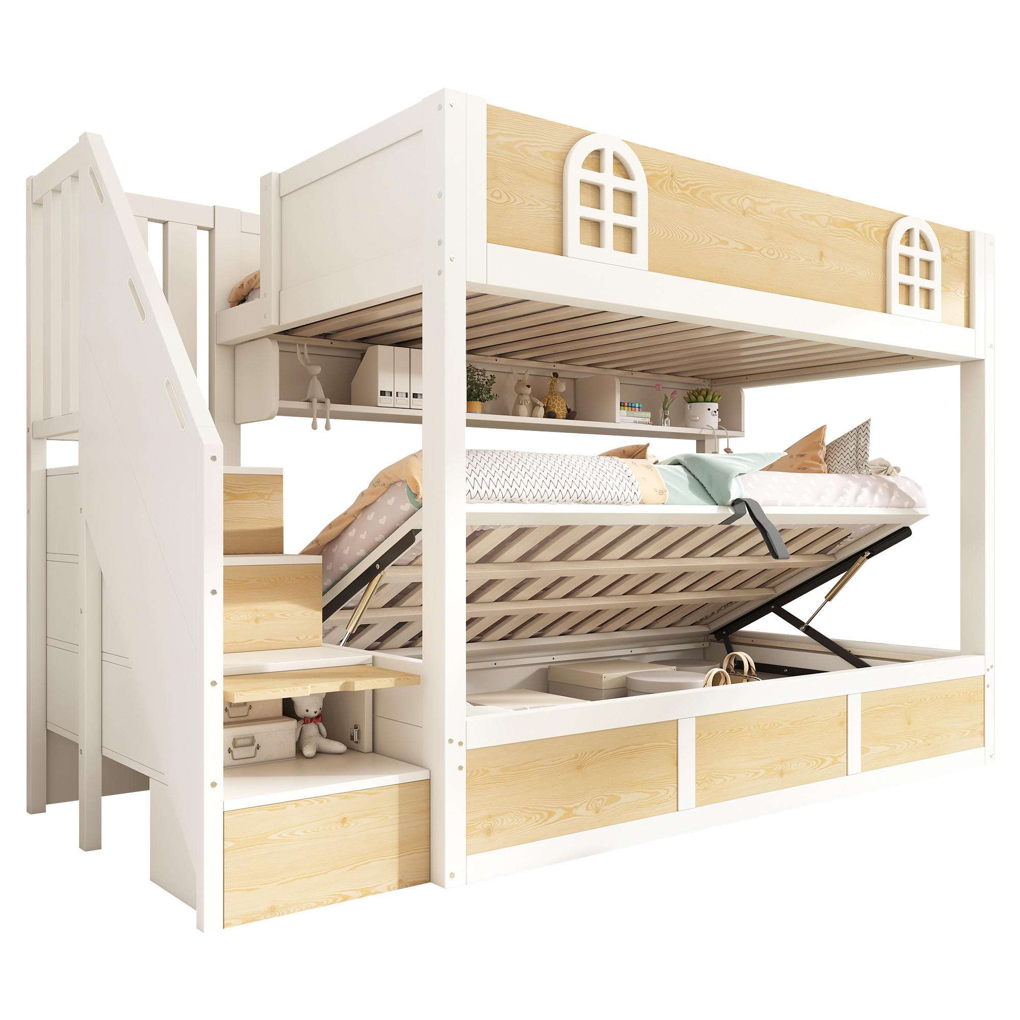 ETAGENBETT Weiß/Natur mit Treppenschrank und Stauraum - Naturfarben, Holzwerkstoff (90/200cm) - ComfortXL