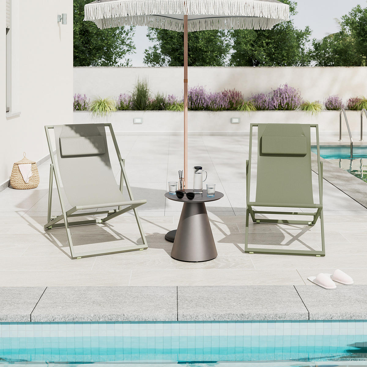 LIEGESTUHL - Stahl / Polyrattan - 2er-Set - Salbeigrün, Textil/Metall (63/93/104cm) - home24