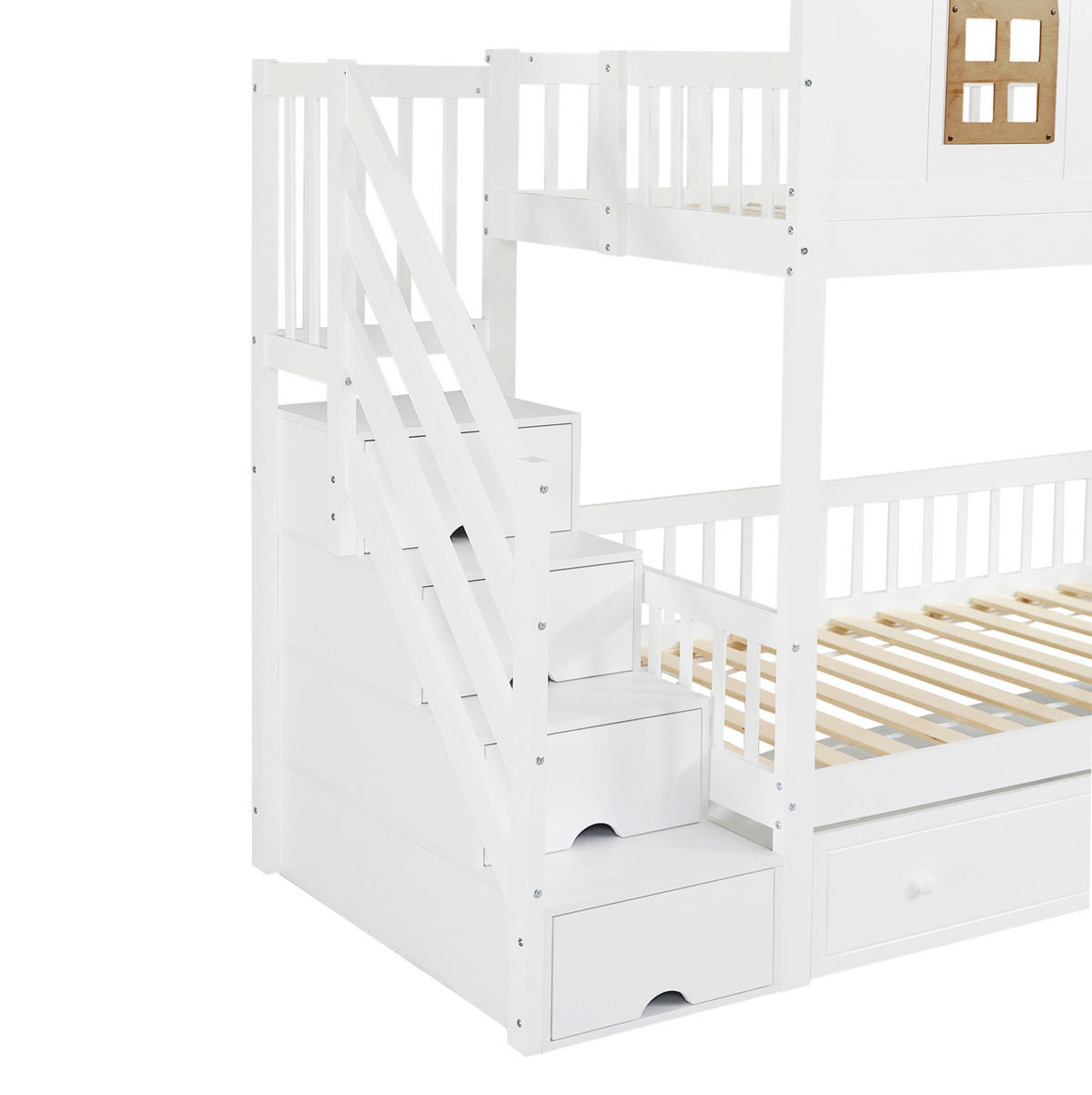 ETAGENBETT 90/200 cm in Weiß/Natur mit Fenster, Stauraumtreppe und Schubladen - Weiß, Holzwerkstoff (90/200cm) - OKMYHOME