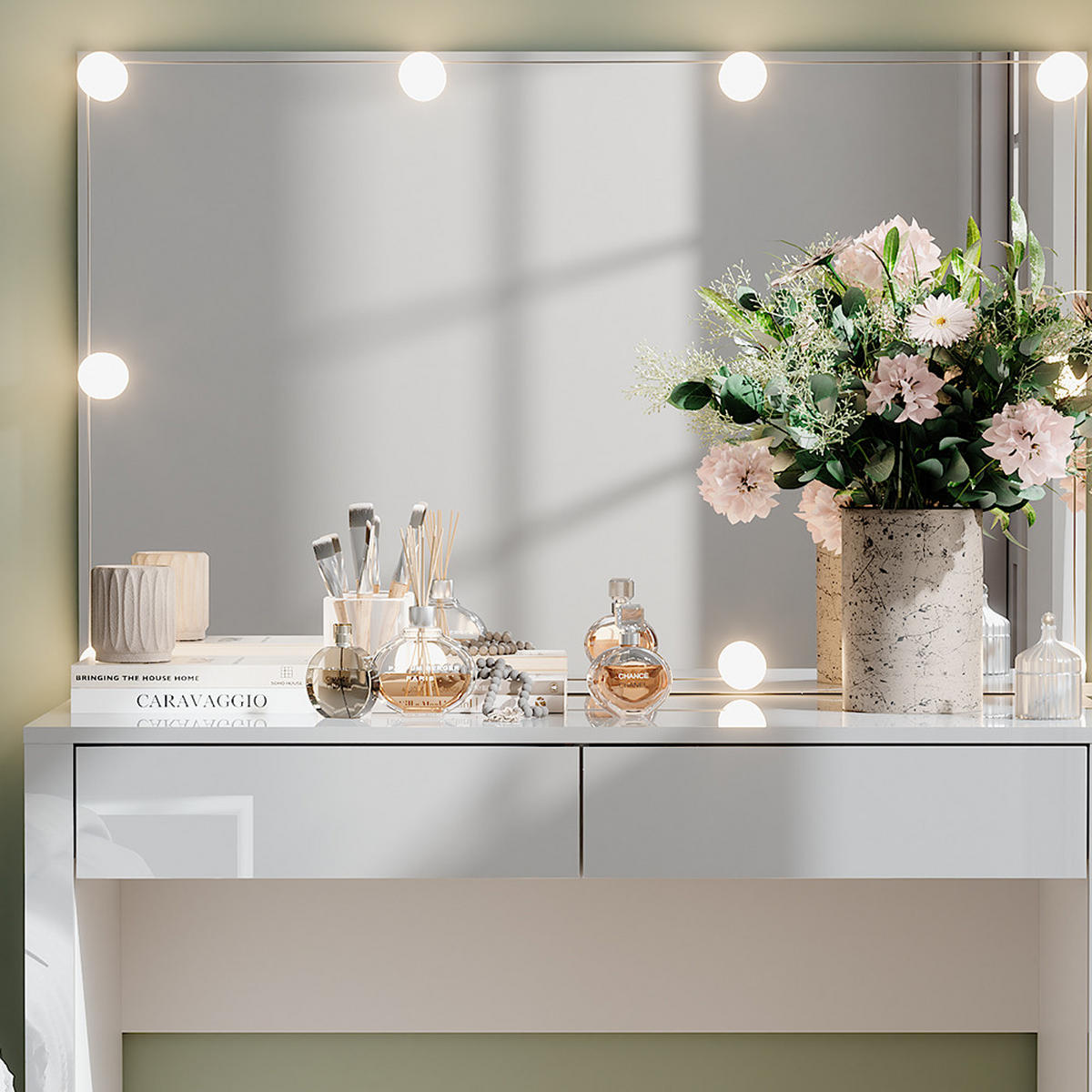 SCHMINKTISCH Annabelle Weiß Hochglanz/Weiß 110 cm mit Spiegel und Lampen - Weiß Hochglanz/Weiß, Holzwerkstoff (110/75.5/50cm) - Vicco
