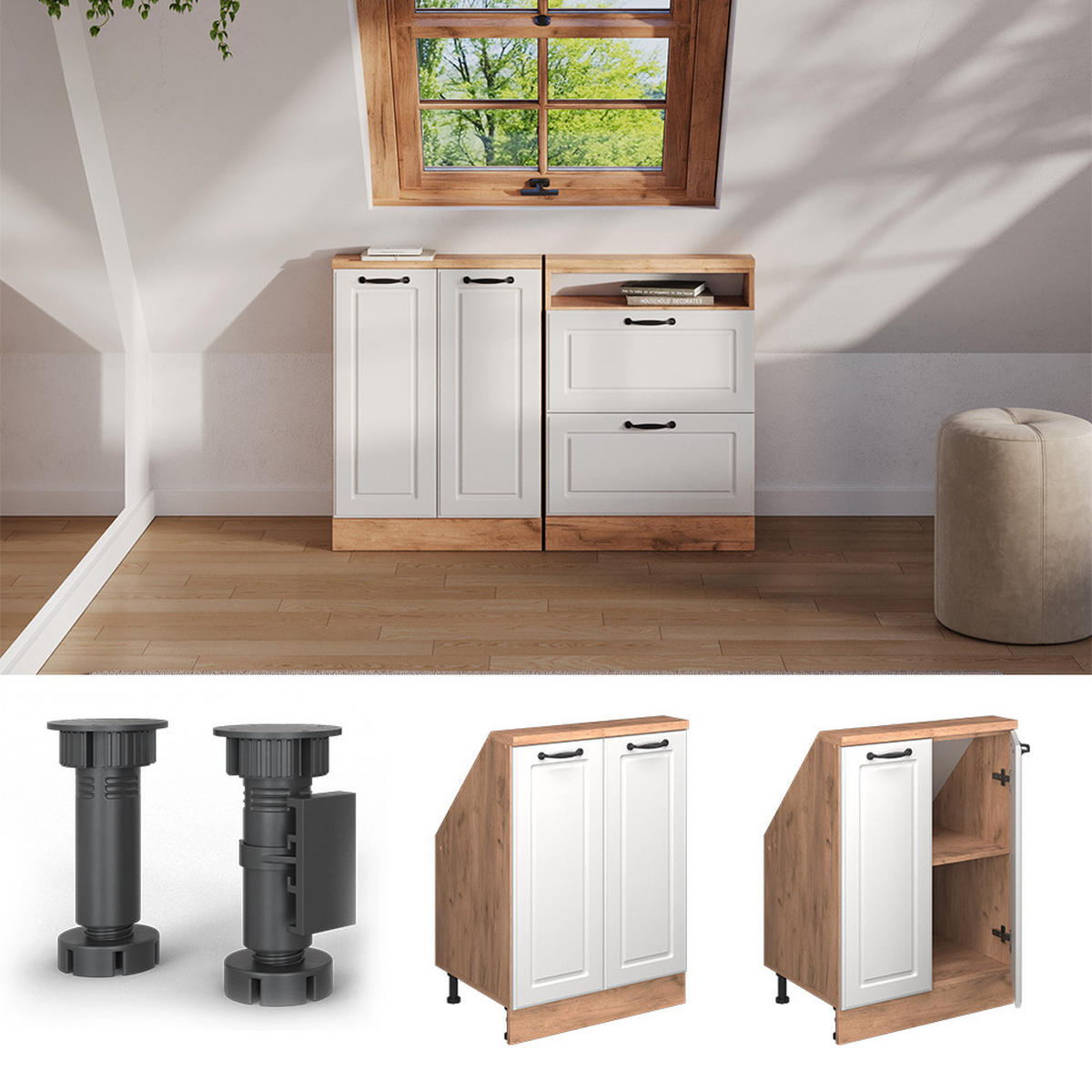 KUCHYŇSKÁ SKŘÍŇKA POD ŠIKMOU STŘECHU R-Line Bílý venkovský dům/zlatý dub - bílá/medově dubová, kompozitní dřevo (60/81.6/46cm) - Vicco