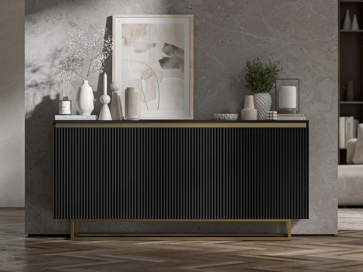 KOMMODE Selene 3D Schwarz Matt mit geriffelten Fronten Glamour 167 cm - Goldfarben/Schwarz, Holzwerkstoff/Metall (167/79/35cm) - Meble Lindner