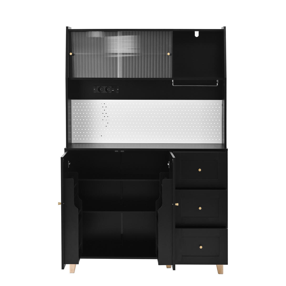 KÜCHENOBERSCHRANK 120/40/184 cm in Schwarz mit Schubladen, Steckdosen und Fluted Glas - Schwarz, Holzwerkstoff (120/184/40cm) - BEAOK