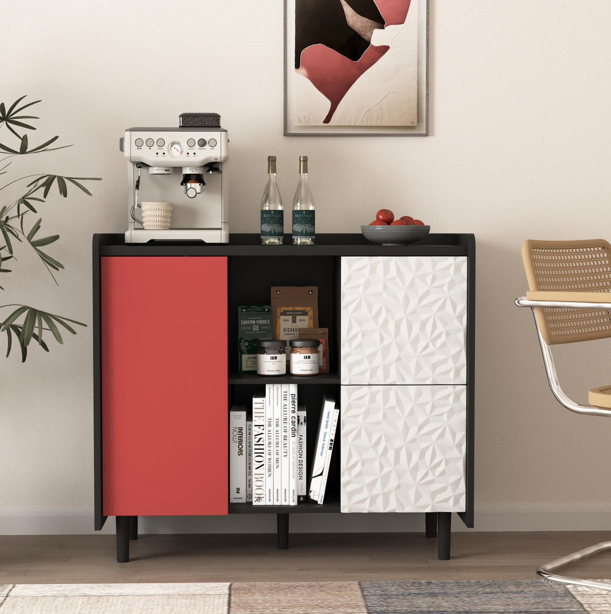 SIDEBOARD 90/40/80 cm schwarz-rot aus MDF mit 2 Schubladen und offenen Fächern - Schwarz, Holzwerkstoff (90/80/40cm) - OKWISH