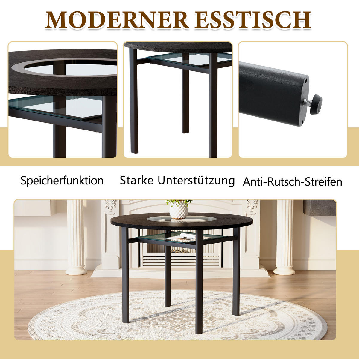 ESSTISCH 100 cm Schwarz aus Glas, MDF und Metall mit Glaseinlage - Schwarz, Holzwerkstoff (100/100/76cm) - OKMYHOME