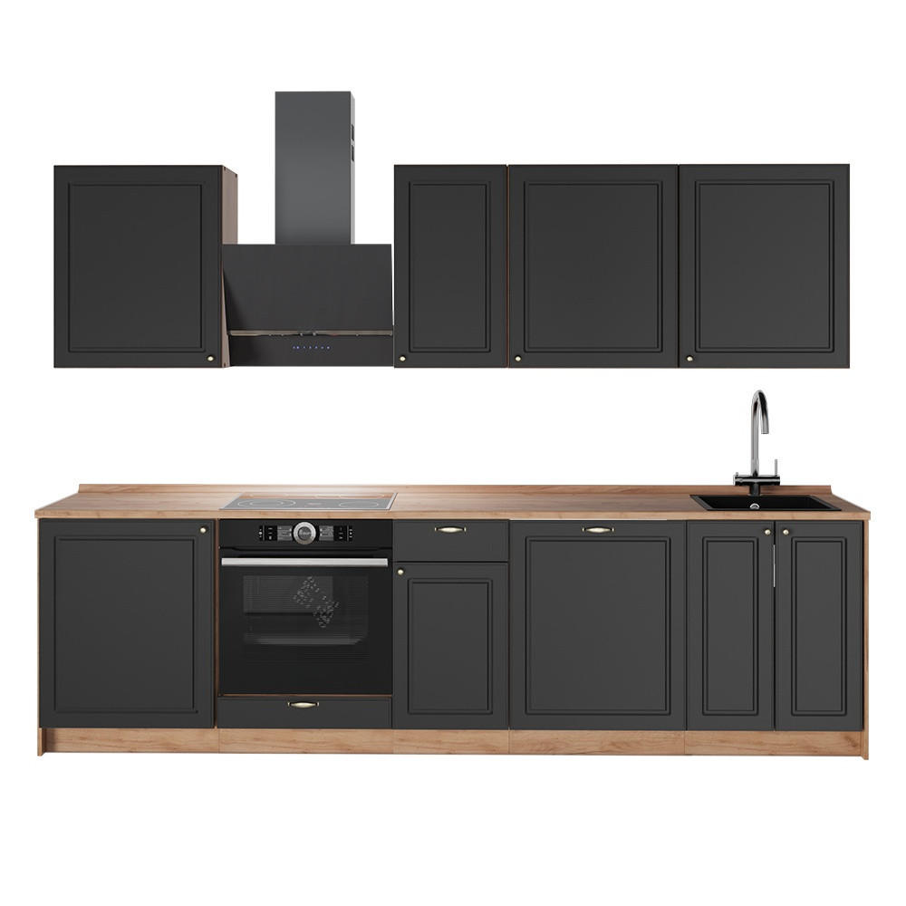 KÜCHENZEILE Fame-Line, Anthrazit-Gold Landhaus/Goldkraft Eiche, 280 cm, AP Eiche - Honigeiche/Anthrazit, Holzwerkstoff (280/206.8/60cm) - Vicco