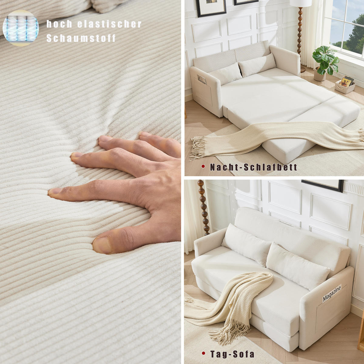 2-SITZER SCHLAFSOFA 2-Sitzer Cord Beige mit 2 Lendenkissen und Magazintaschen - Beige, Holzwerkstoff/Textil (165/67/212cm) - WISHDOR