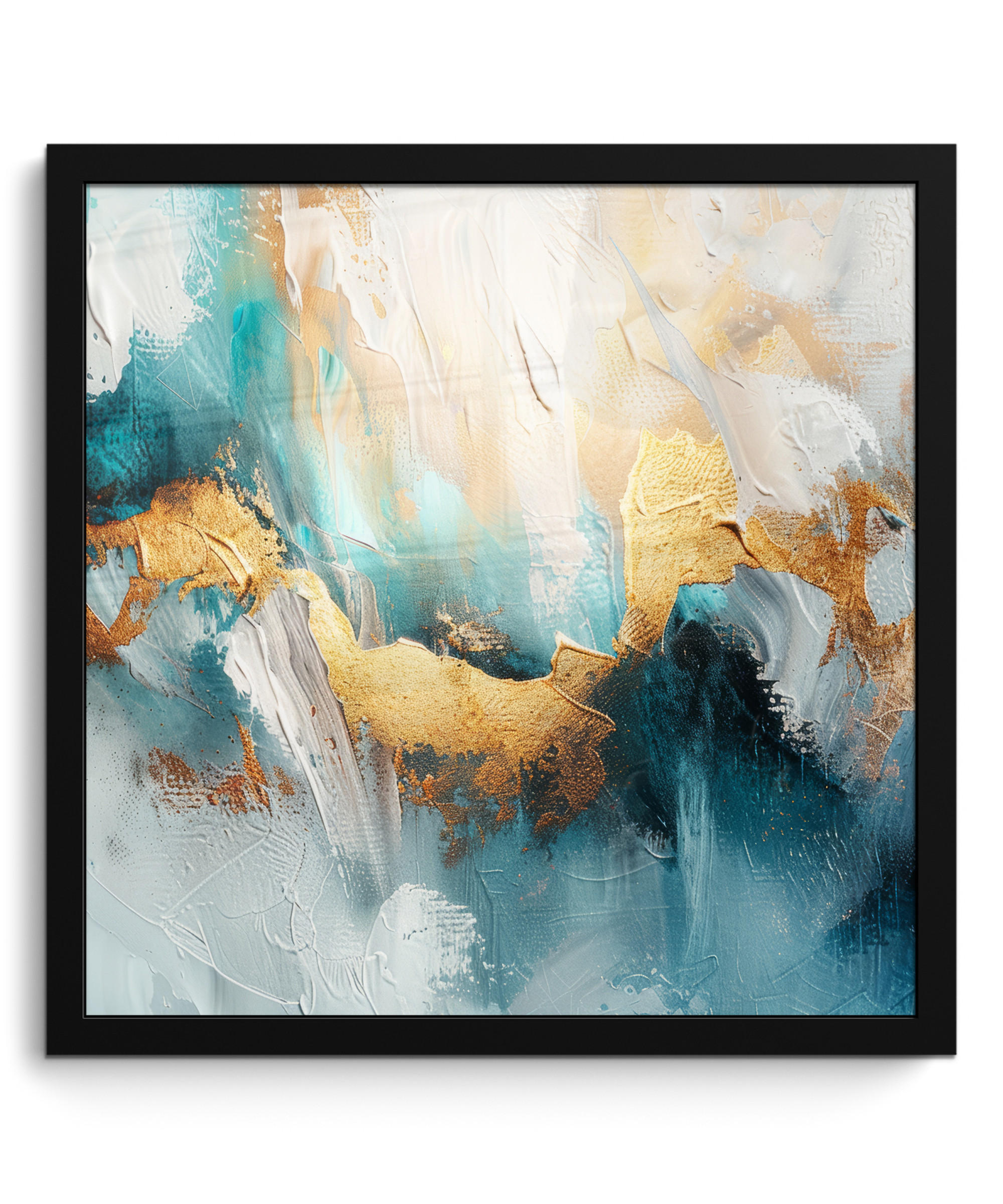 POSTER MIT RAHMEN Abstrakt - Kunst - Gold - Blau 40x40 cm - Petrol, Papier (40/40cm) - MuchoWow