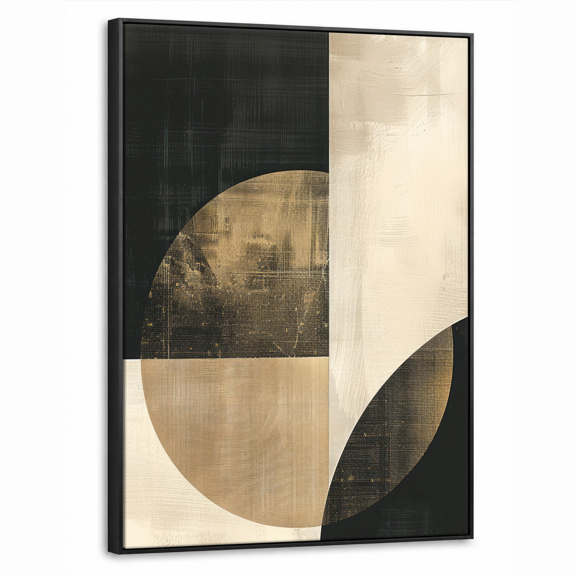 LEINWAND Bilder mit Rahmen - Abstrakt - Geometrische Formen - Schwarz - Gold - 60x80 - Ecru, Textil (60/80cm) - MuchoWow