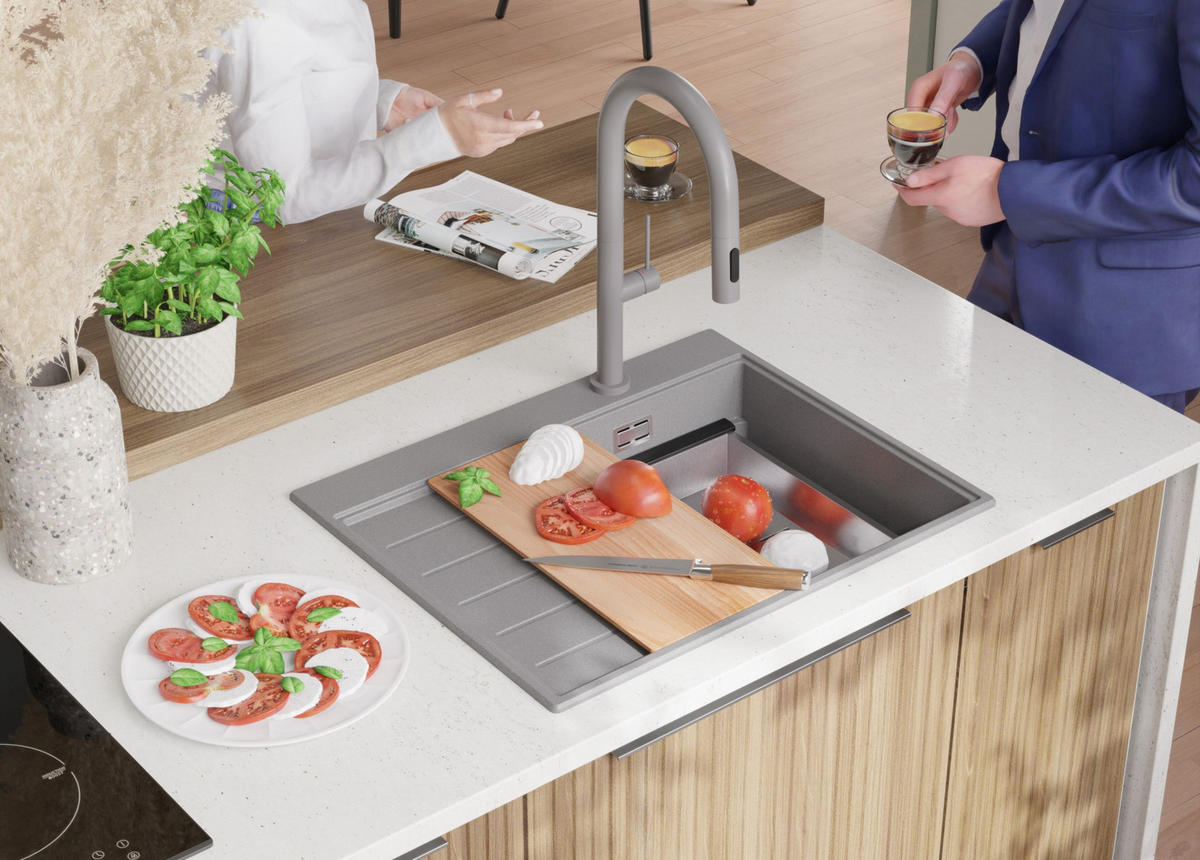 SPÜLBECKEN Sydney, 2-er set Grau 62/50 cm 1 Becken + Ablauf-Set + Küchenzubehörset ab 40er Unterschrank - Chromfarben/Beige, Kunststoff (62/20/50cm) - Primagran