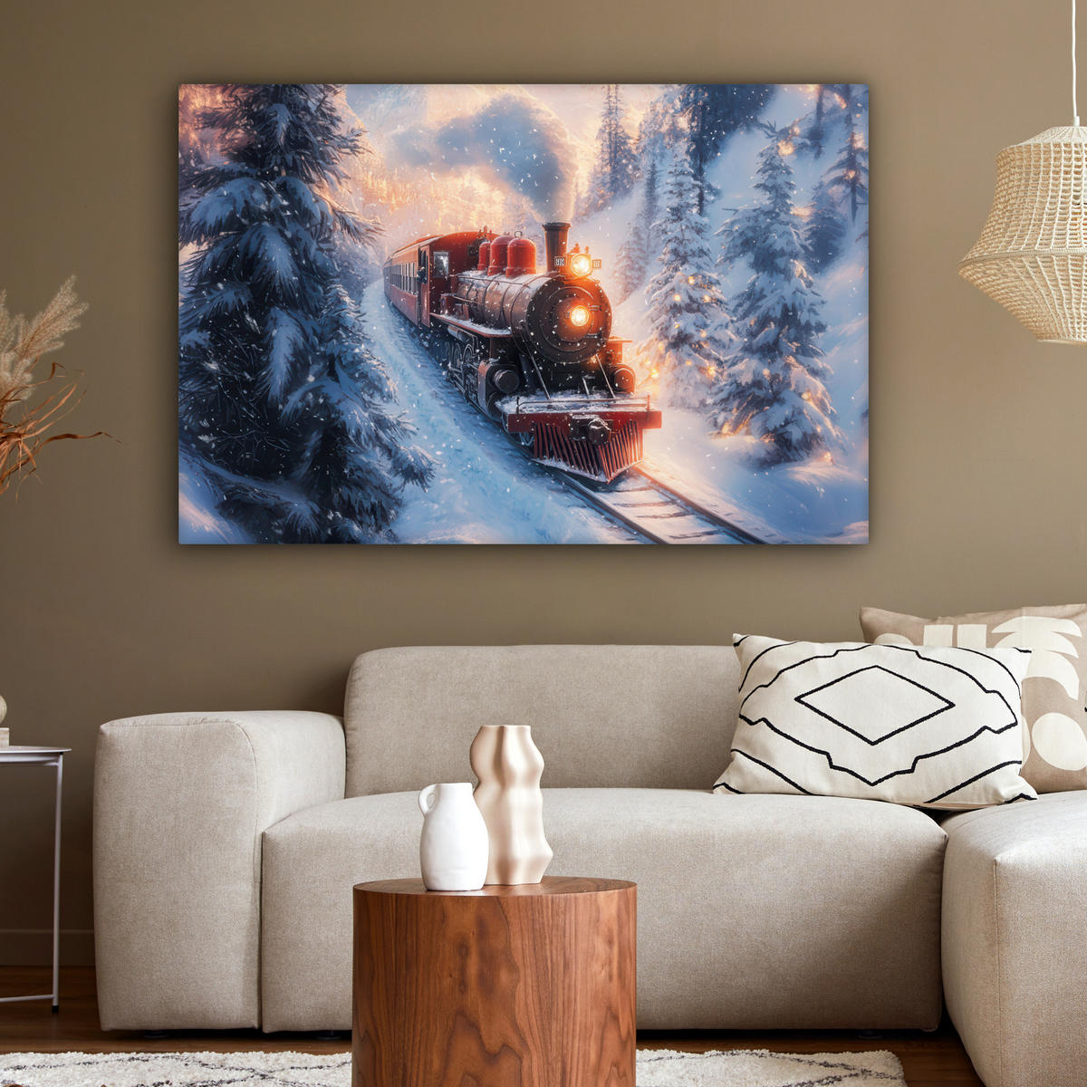 LEINWANDBILD Weihnachtszug - Schnee - Winter - Weihnachten Wohnzimmer 120x80 cm - Dunkelrot, Textil (120/80cm) - MuchoWow