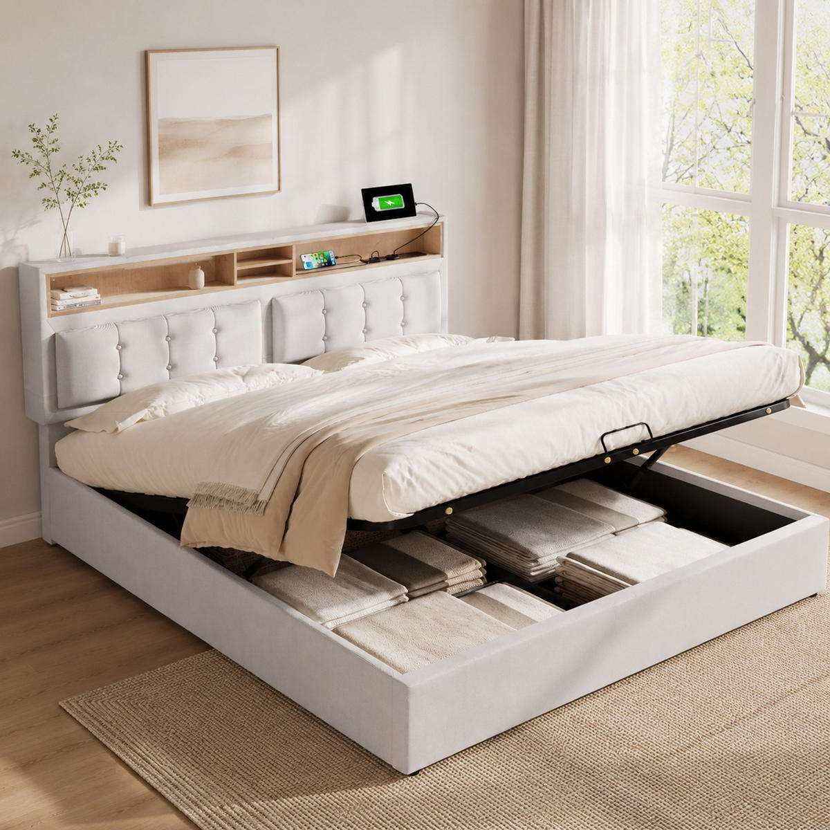 POLSTERBETT 140/200 mit Bettkasten, USB-C-Anschluss und verstellbarem Kopfteil - Beige, Holzwerkstoff/Textil (140/200cm) - EVRYAE