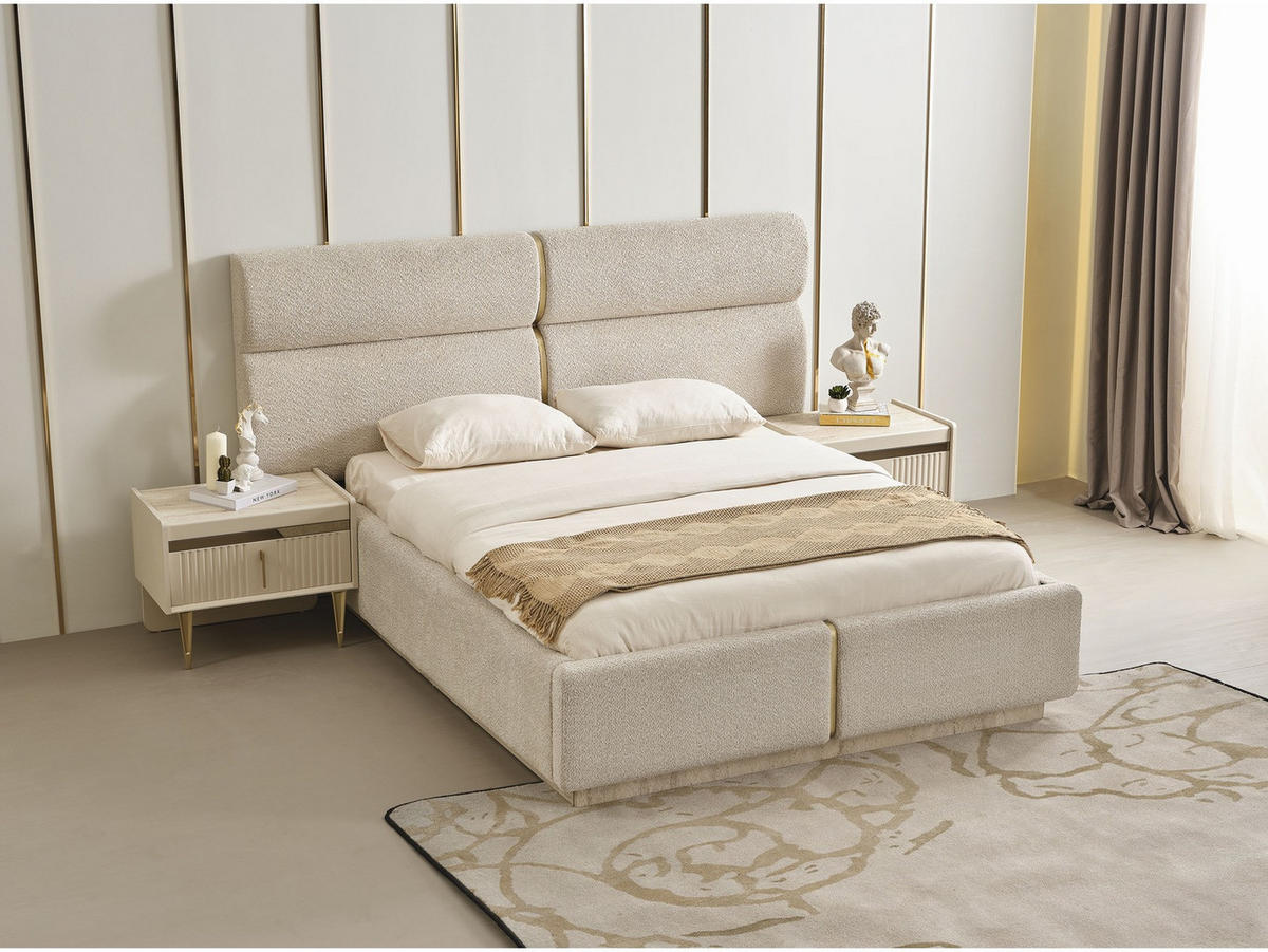 BETTANLAGE TESLA Schlafzimmer-Set, 5-teilig, Beige, Bett mit Kopfteil, 2 Nachttische, Kleiderschrank und Kommode - Beige, Holzwerkstoff (160/200cm)