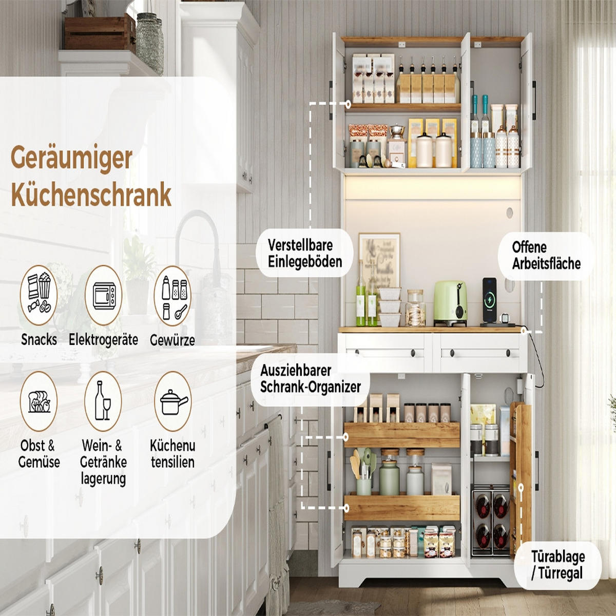 KÜCHENSCHRANK mit LED-Beleuchtung, integrierten Steckdosen, ausziehbarem Organizer, MDF, 100/180/40 cm - Naturfarben, Kunststoff (40/180/100cm) - Rolipo