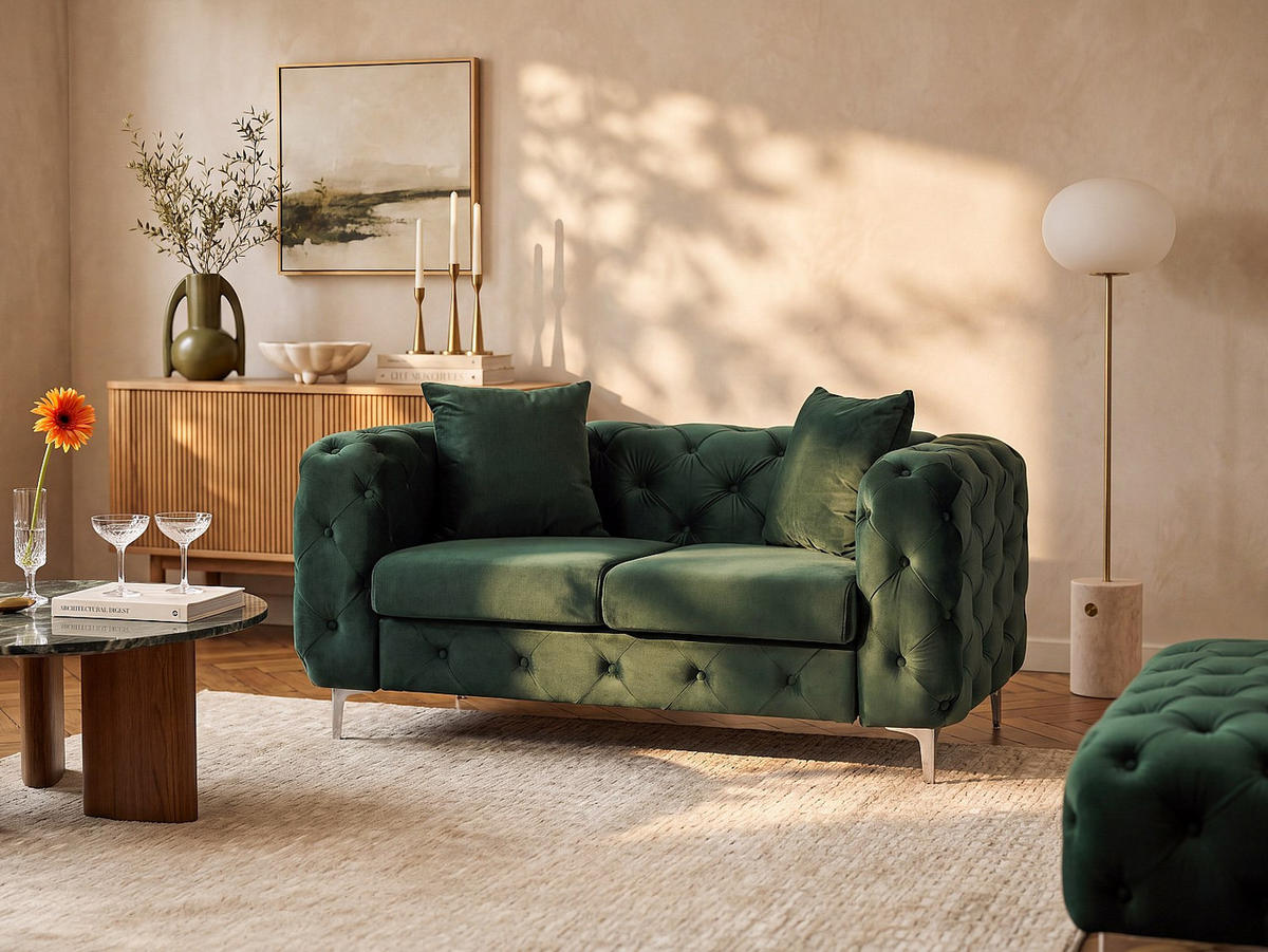 SOFA - 2 Personen - samt - grün Edwina - Grün, Textil/Metall (162/76/91cm) - Vente-Unique