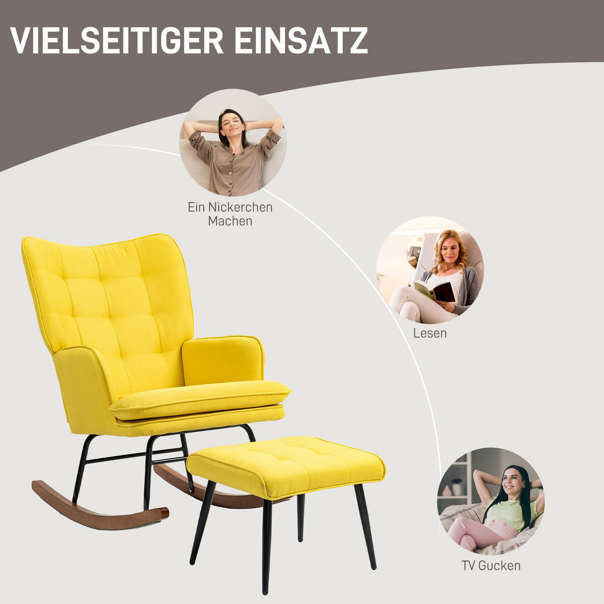 SCHAUKELSTUHL Schwingsessel mit Hocker Armlehnsessel Relaxsessel mit Leinenoptik - Gelb/Schwarz, Holz/Buchenholz (89/90/64cm) - HOMCOM