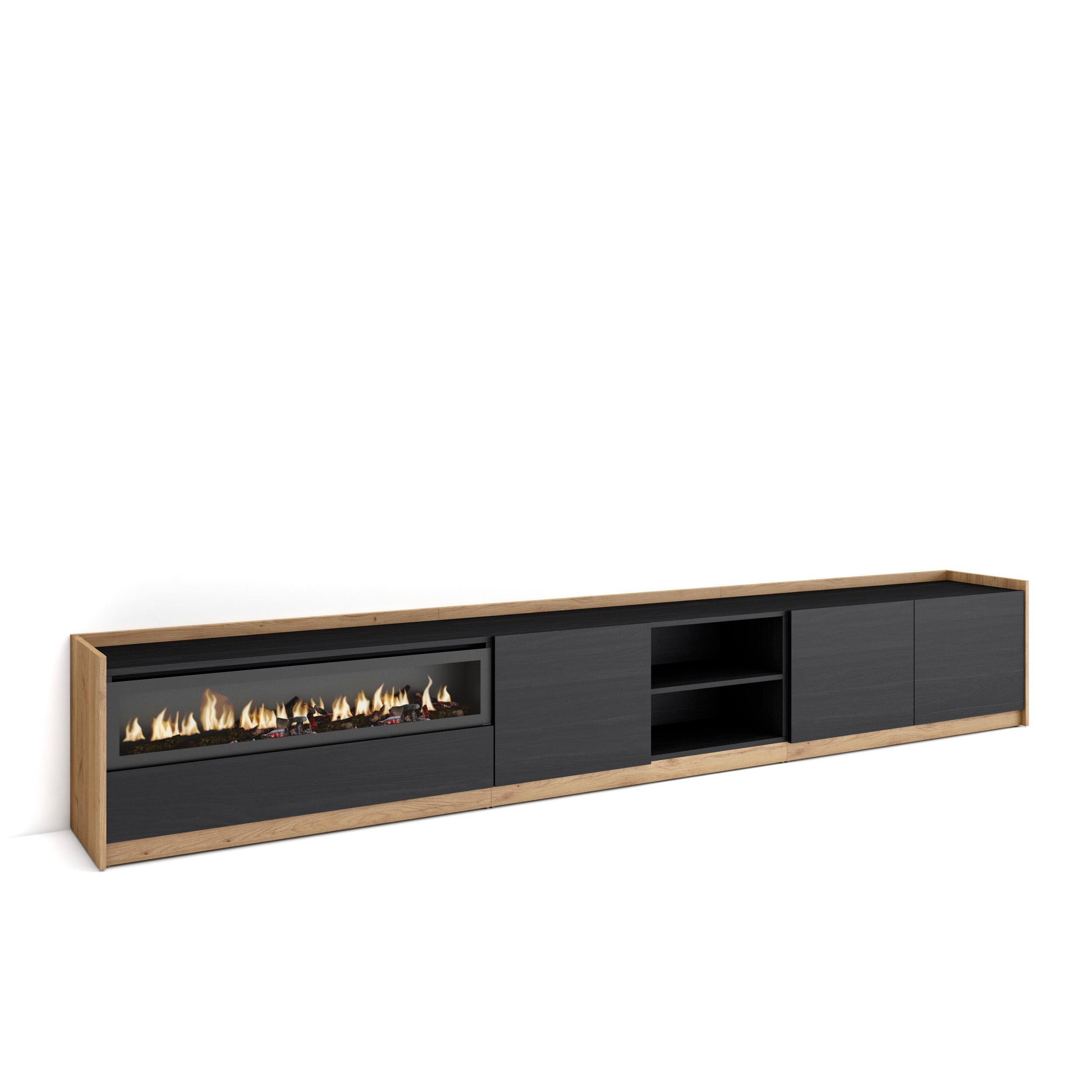 TV-SCHRANK, Lowboard, Schwarz Eiche, Elektrokamin, 310/37/50cm - Schwarz, Holzwerkstoff (310/50/37cm) - Skraut Home