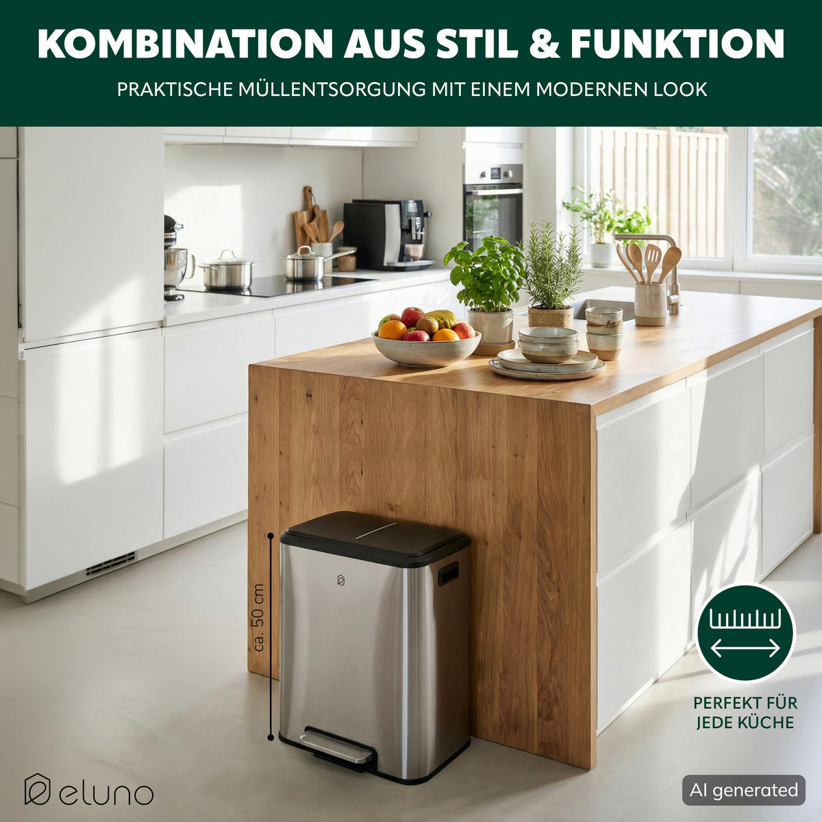 ABFALLEIMER je 15 Liter, silber - Edelstahlfarben, Metall (42.5/50/33.5cm) - eluno