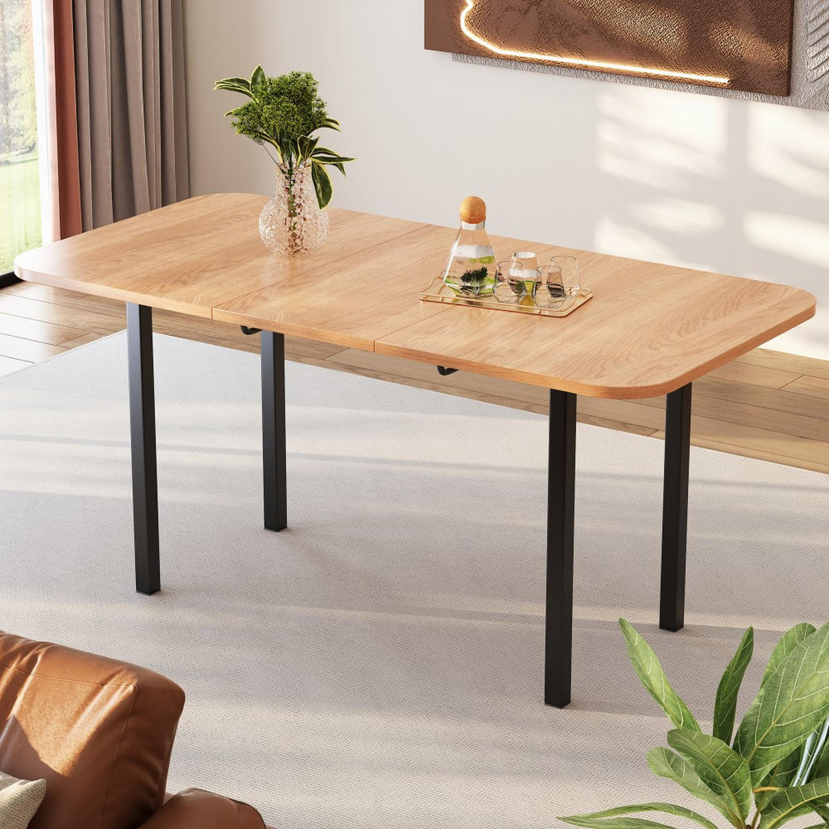 ESSTISCH in minimalistischer Stil ，Teleskoplänge bis 160 cm - Naturfarben, Holz (160/80/75cm) - KOMHTOM