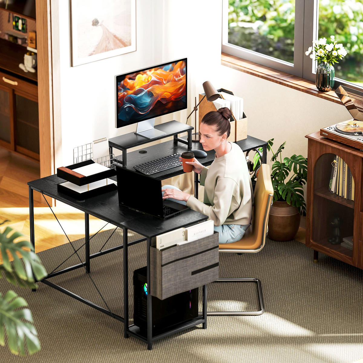 ECKSCHREIBTISCH im Industriedesign flexibel aufbaubar mit Ablagen und Monitoraufsatz 168/120/90 cm - Schwarz, Holzwerkstoff (120/168/90cm) - PANGIVO