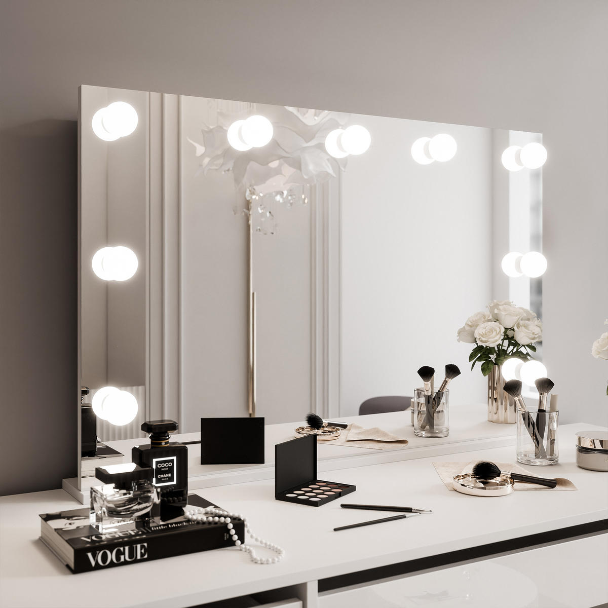 SCHMINKTISCH BELLA DOPPIO 150/55/145 cm, mit LED-Spiegel, Weiß - Weiß, Holzwerkstoff (150/145/55cm) - Idohome