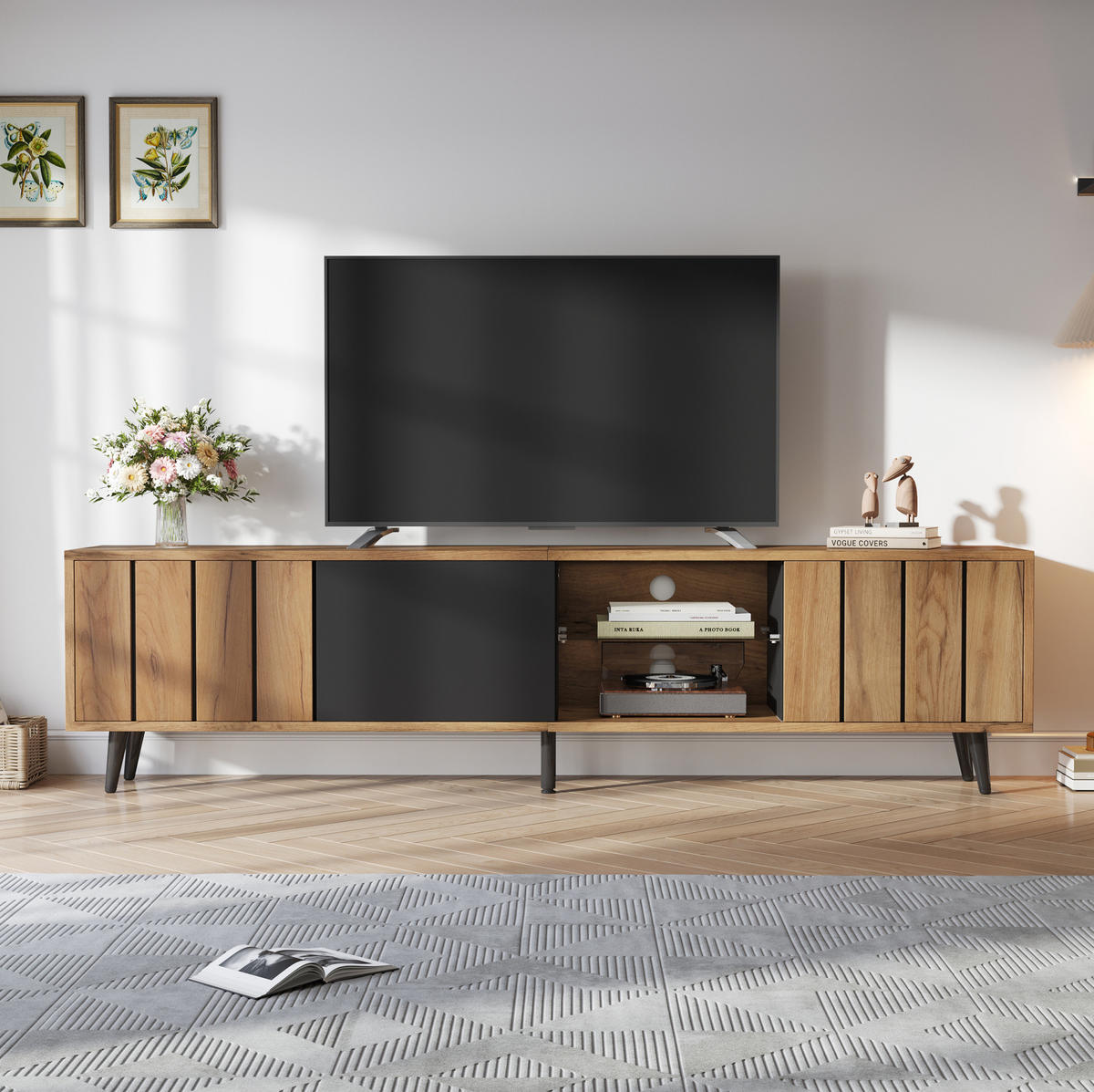 TV-LOWBOARD 175/31,5/45 cm mit 3 Türen und Glasfach, für TV bis 75 Zoll, Holzfarben/Schwarz - Hellbraun, Holzwerkstoff (175/45/31.5cm) - Redom