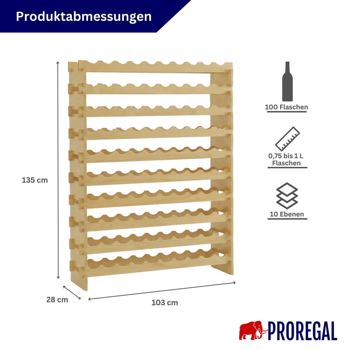 WEINREGAL NAVARRA aus Holz 135x103x28cm 100 Flaschen auf 10 Ebenen Natur unbehandelt - Naturfarben, Holz (103/135/28cm) - PROREGAL