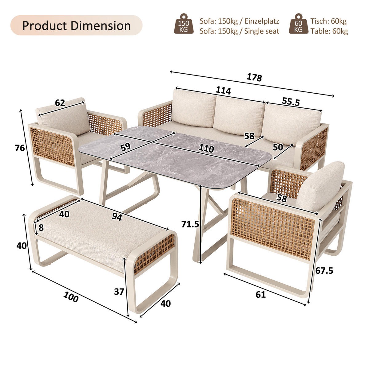 GARTENMÖBEL 178x61x76cm beige aus PE-Rattan - Beige, Metall - Modfu
