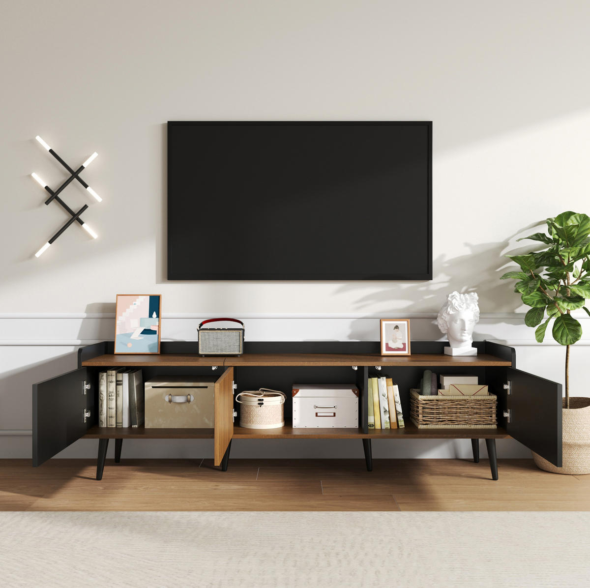 TV-SCHRANK 3-türig 160 cm Schwarz Natur - Schwarz, Holzwerkstoff (39/49.5/160cm) - Beauniv