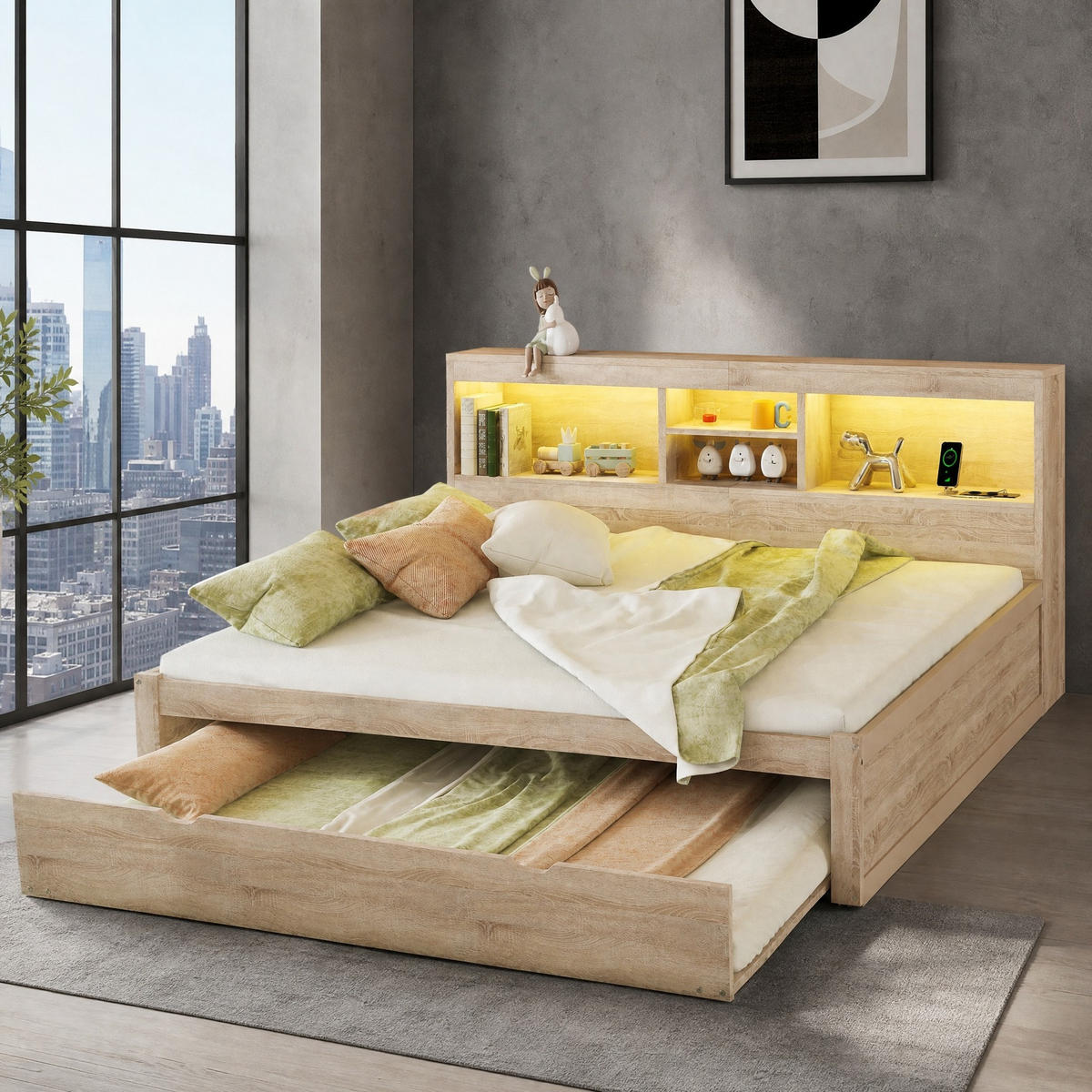 BETT 140/200 mit Ausziehbett, LED, Steckdose, USB und Seitenfach in Natur - Naturfarben, Holzwerkstoff (140/200cm) - EVRYAE