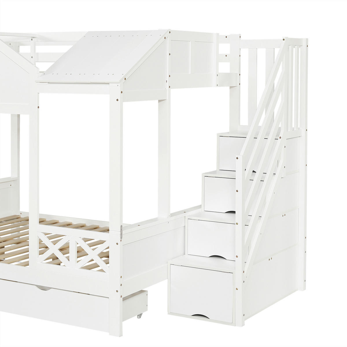ETAGENBETT 90/200 cm & 140/200 cm in Weiß Kinderbett mit 2 Schubladen und Treppenschrank im Hausbett-Design - Weiß, Holzwerkstoff (90/200cm) - STILVORA