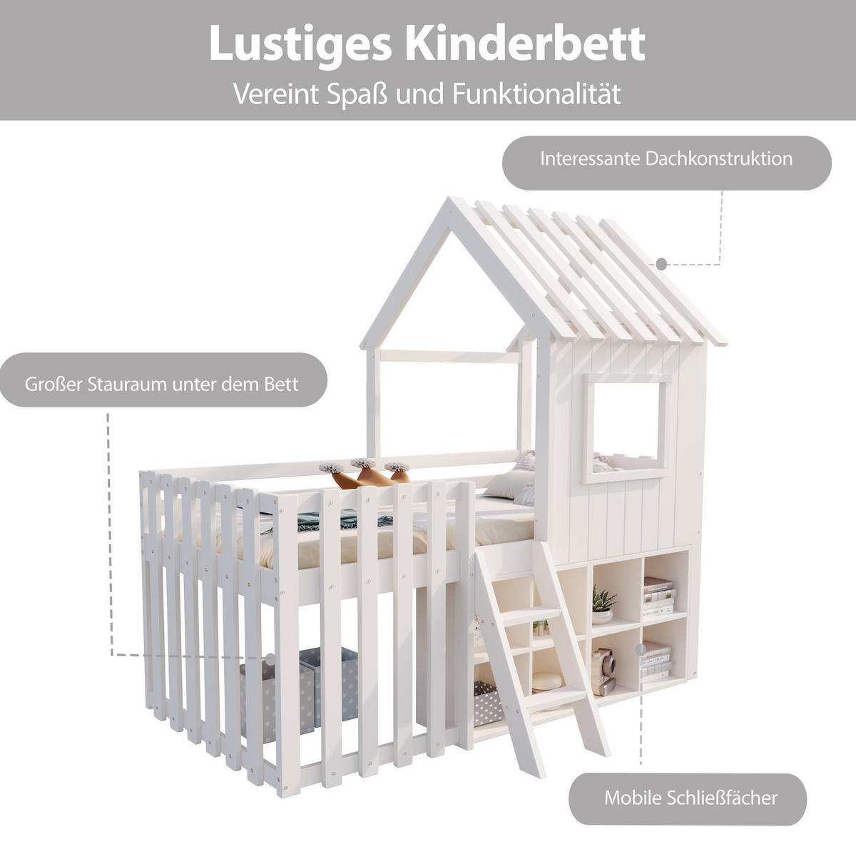 HAUSBETT 90/200 cm in Weiß aus Massivholz mit Hausdach und Stauraum - Weiß, Holz (90/200cm) - OKMYHOME