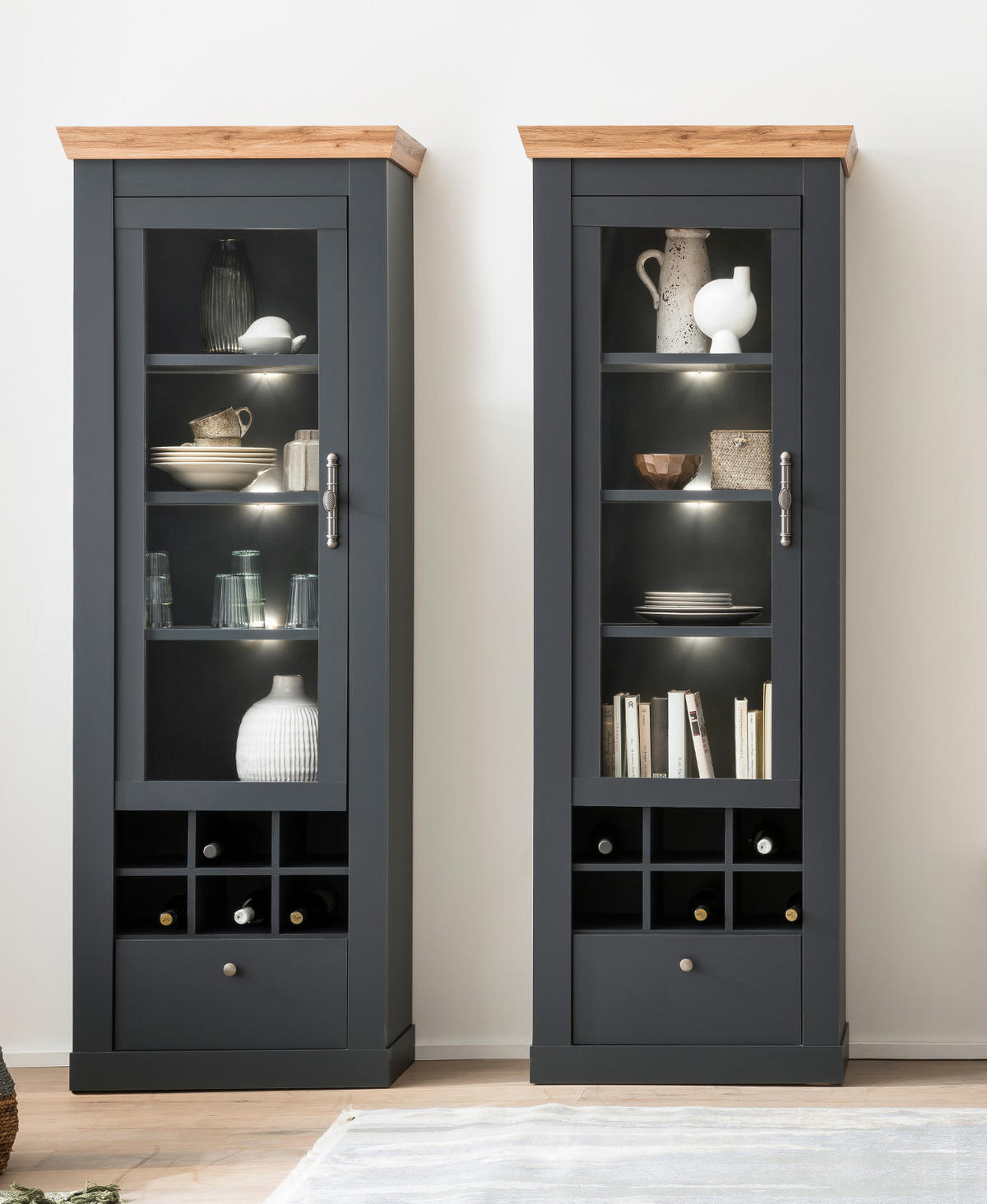 VITRINENSCHRANK grau, Eiche Wotan, Landhaus 72 cm, Vitrine mit Soft-Close - Silberfarben/Eiche Wotan, Glas/Holzwerkstoff (72/201/38cm) - Furn.Design
