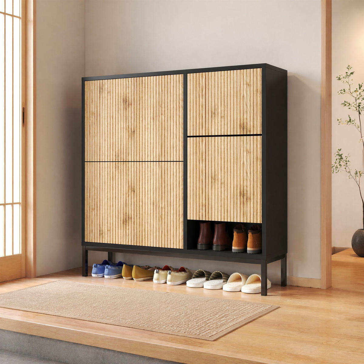 SCHUHSCHRANK in Schwarz und Naturfarben Schuhkipper mit Schuhwechselhocker für Flur, B100/T25/H100 cm - Schwarz/Naturfarben, Holzwerkstoff/Metall (100/100/25cm) - STILVORA
