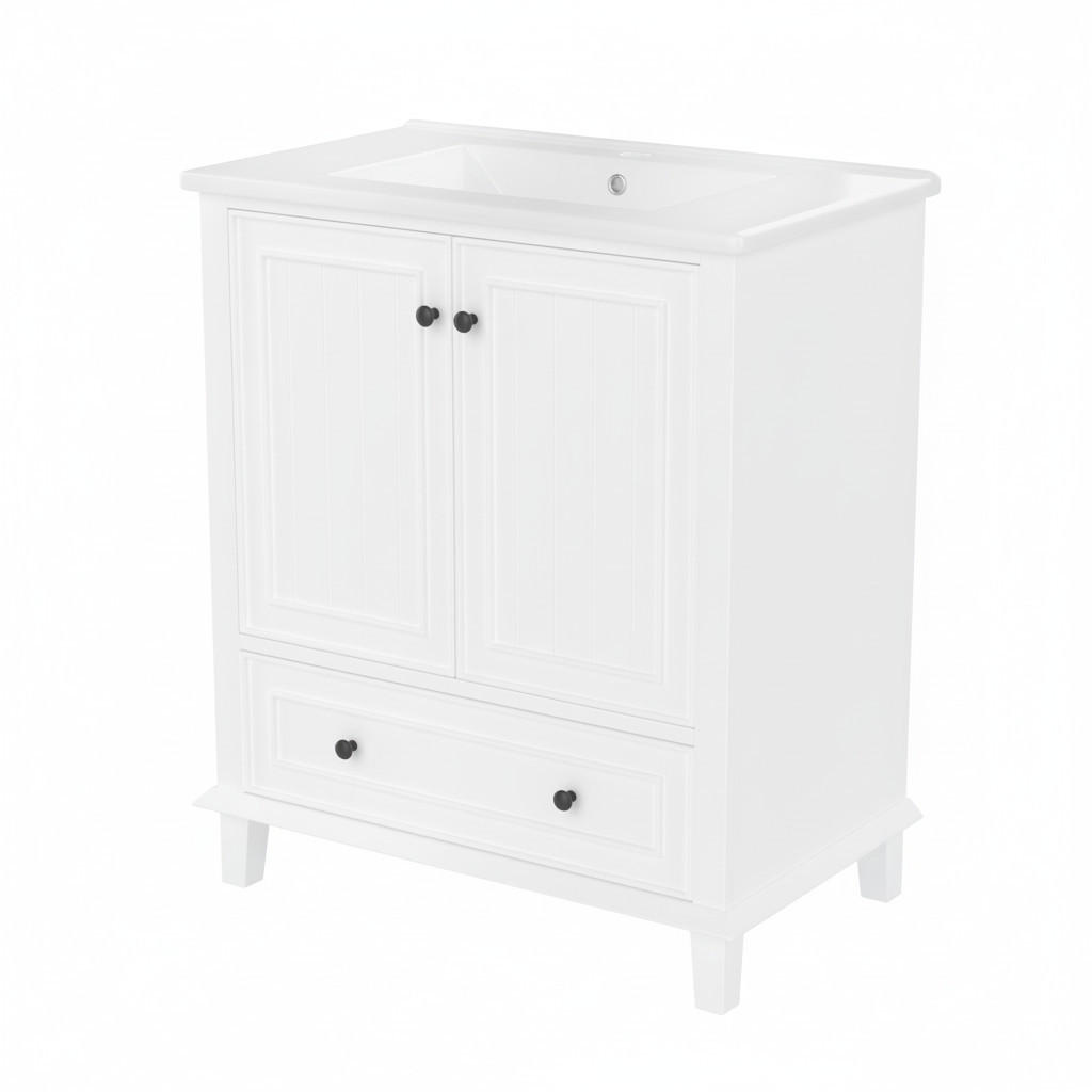 WASCHTISCHKOMBI Weiß mit Keramikbecken & Massivholzbeinen - Weiß, Keramik/Holzwerkstoff (76/87/46cm) - Urban Meuble