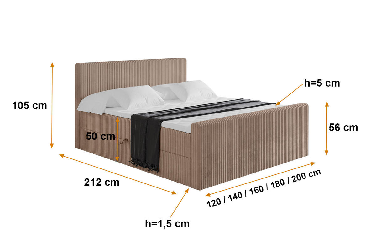 BOXBETT mit Matratze H4 und Lattenrost - TOLO-Z - 140x200 Cord - Beige - Sandfarben, Holzwerkstoff (140/200cm) - ALTDECOR