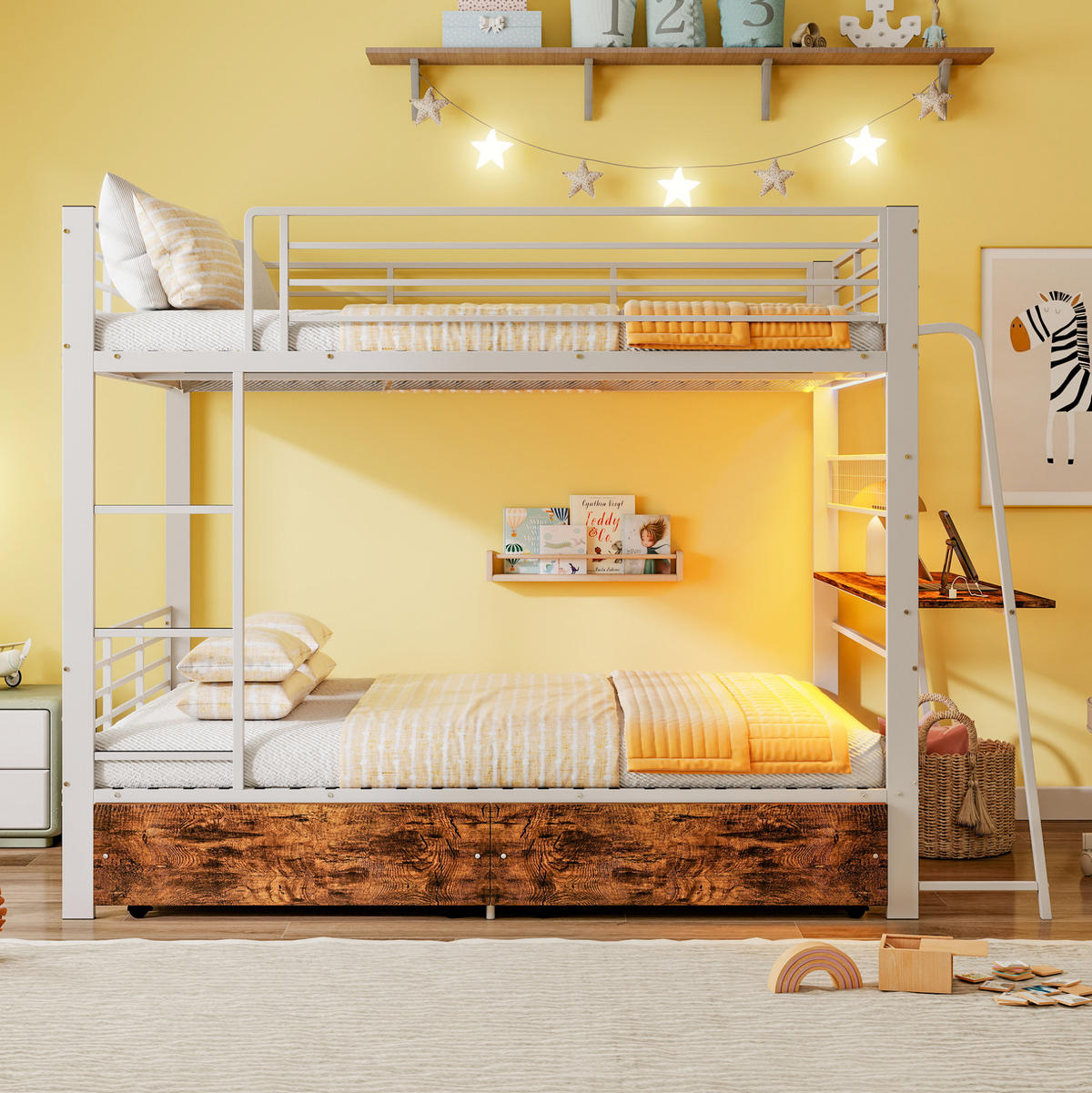HOCHBETT aus Metall und MDF 140x200 cm Mattweiß mit Schreibtisch, RGB-LED, Steckdosenleiste und Schubladen - Weiß, Holzwerkstoff (140/200cm) - Modfu