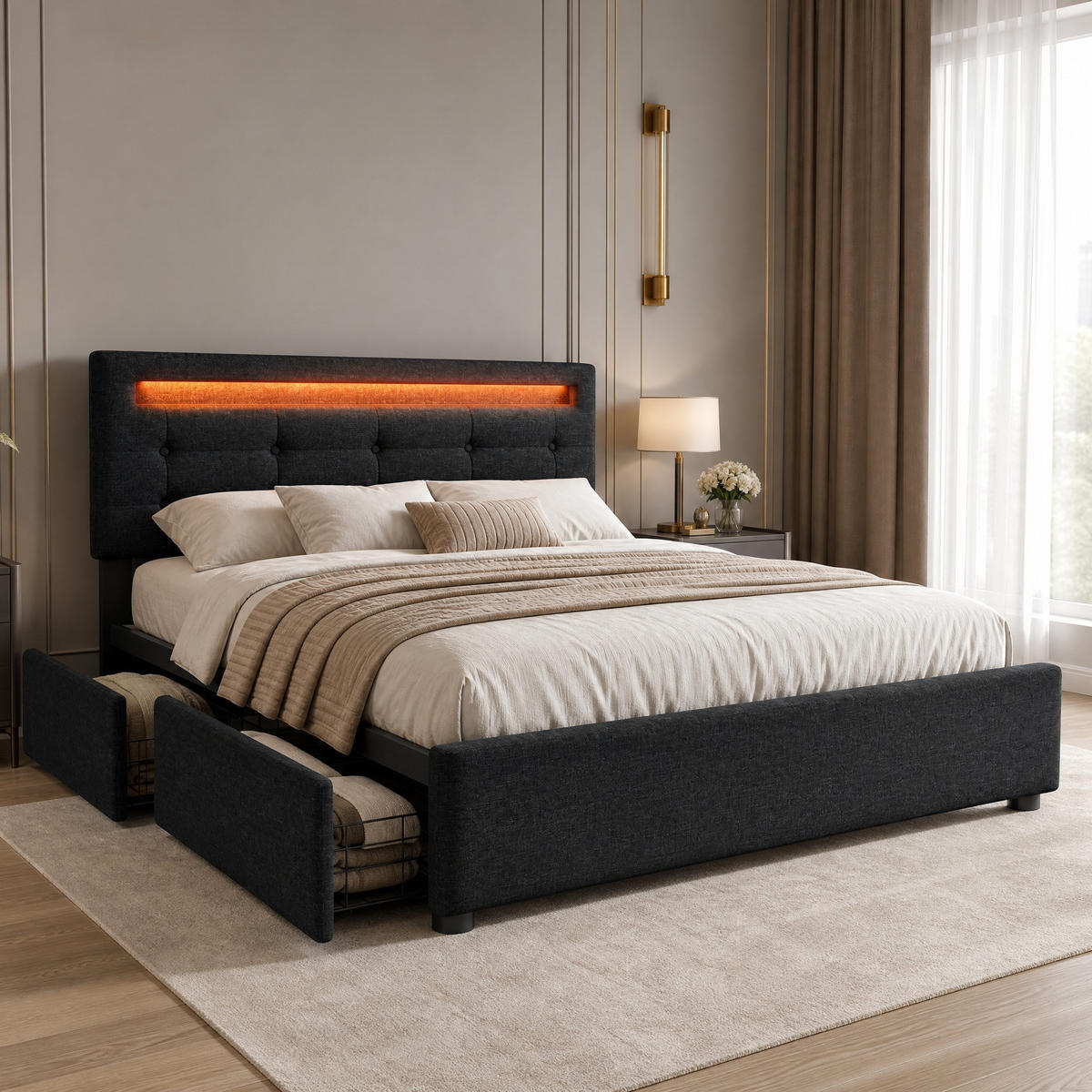 POLSTERBETT 140/200 mit LED, 4 Schubladen und Matratze in Schwarz - Schwarz, Holzwerkstoff/Textil (140/200cm) - EVRYAE
