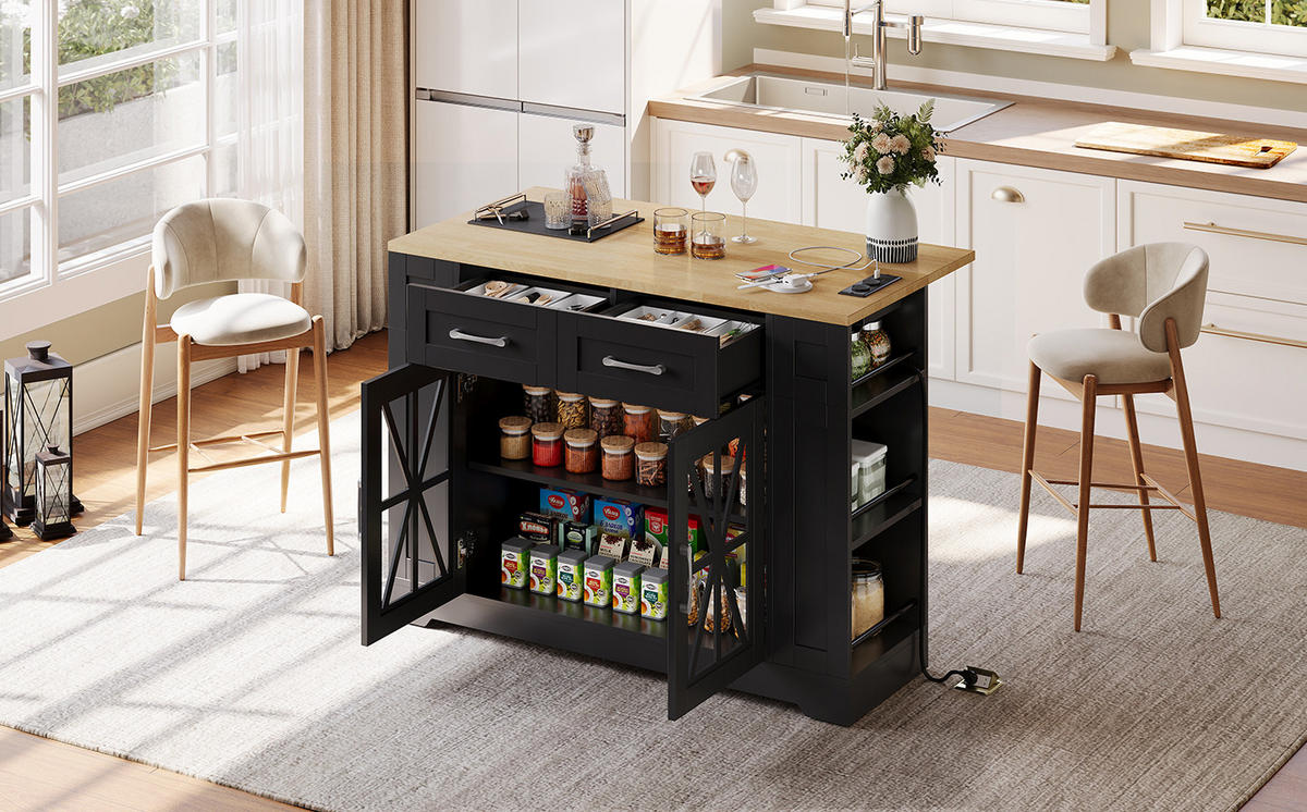 KÜCHENINSEL 120/92/40(65) cm Schwarz/Natur aus MDF mit Klapptisch - Schwarz, Holzwerkstoff (65/92/120cm) - OKMYHOME