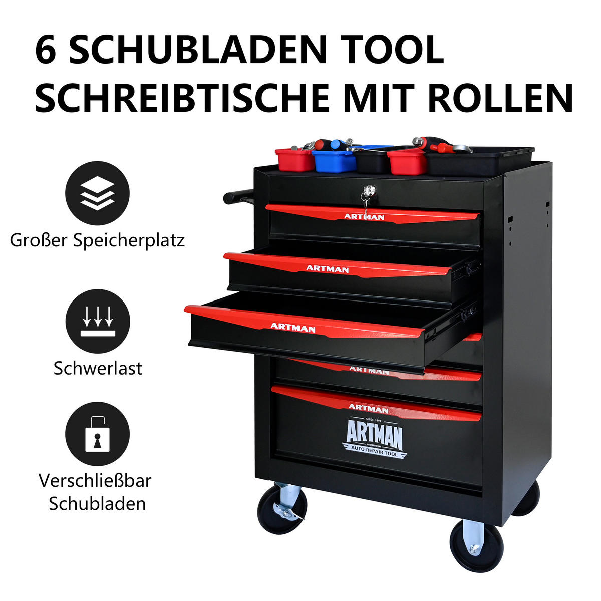 KOMBINATIONS-WERKZEUGSCHRANK – 6 Schubladen – 508 mm (20 Zoll) – Farbgebung: Schwarz und Rot - Multicolor, Metall (33/77.5/60cm) - DCA