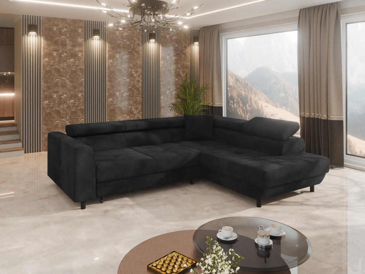 ECKSCHLAFSOFA Vena III mit Schlaffunktion und Bettkasten, Rechts montierbar, Schwarz - Dunkelgrau, Holz (254/199cm) - Homesy