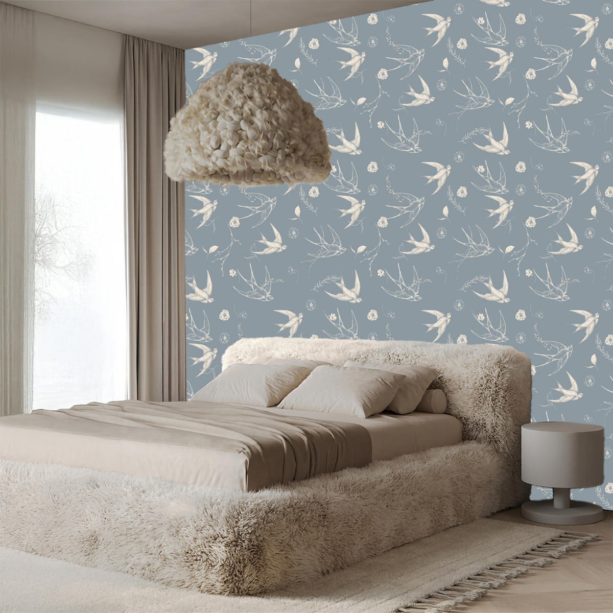 VLIESTAPETE Schwalben und Blüten – Blaugrau, Weiß – 50x1000 cm - Blaugrau/Weiß, Papier (50/1000cm) - Muralo