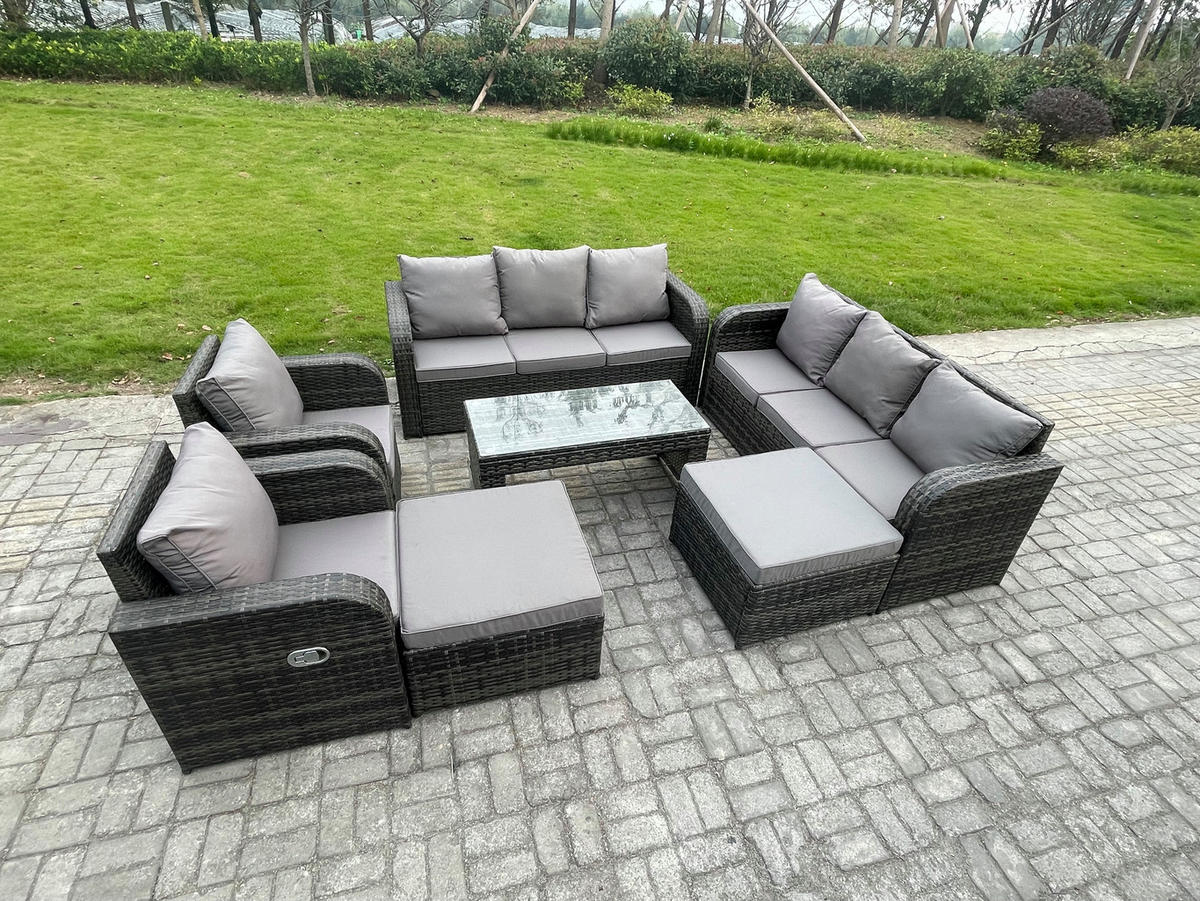 GARTENMÖBEL SET mit Sofa Polyrattan 10-Sitzer Dunkelgrau - Dunkelgrau/Grau, Glas/Kunststoff - Fimous