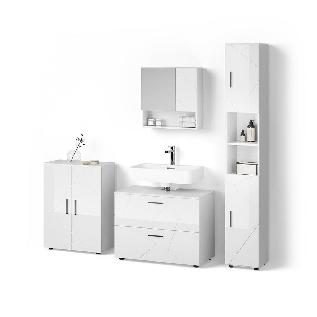 BADMÖBEL-SET Ronco Weiß Hochglanz 4 Teile, mit Schubladenschrank und Midischrank - Weiß Hochglanz/Weiß, Holzwerkstoff (80/58/41cm) - Livinity®