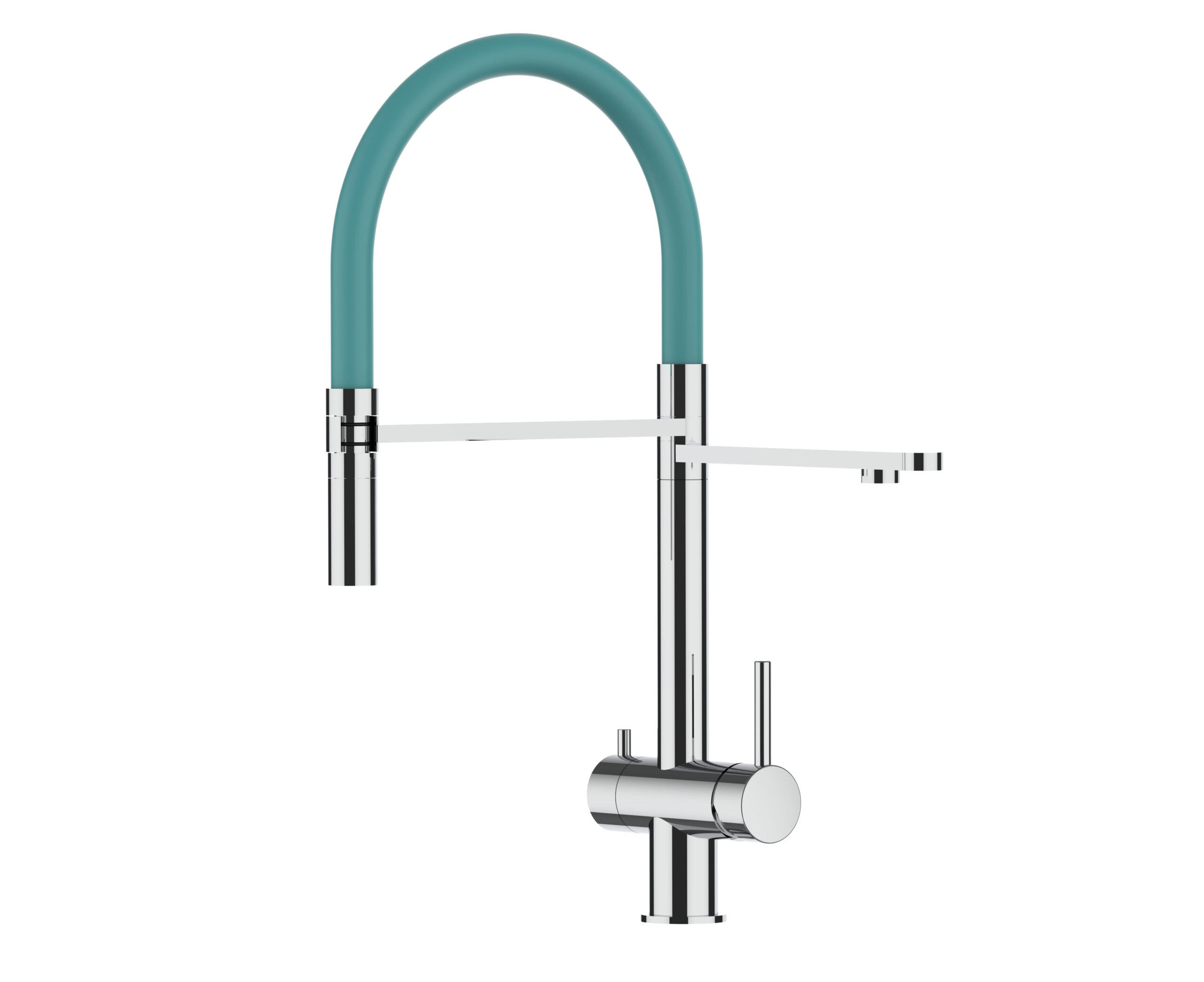 NIEDERDRUCK-3-WEGE-KÜCHENARMATUR, Edelstahl Massiv aus Chirurgenstahl, Hochglanz und Türkis, 2-Strahl-Brause - Türkis, Metall (24/49/24cm) - VIZIO
