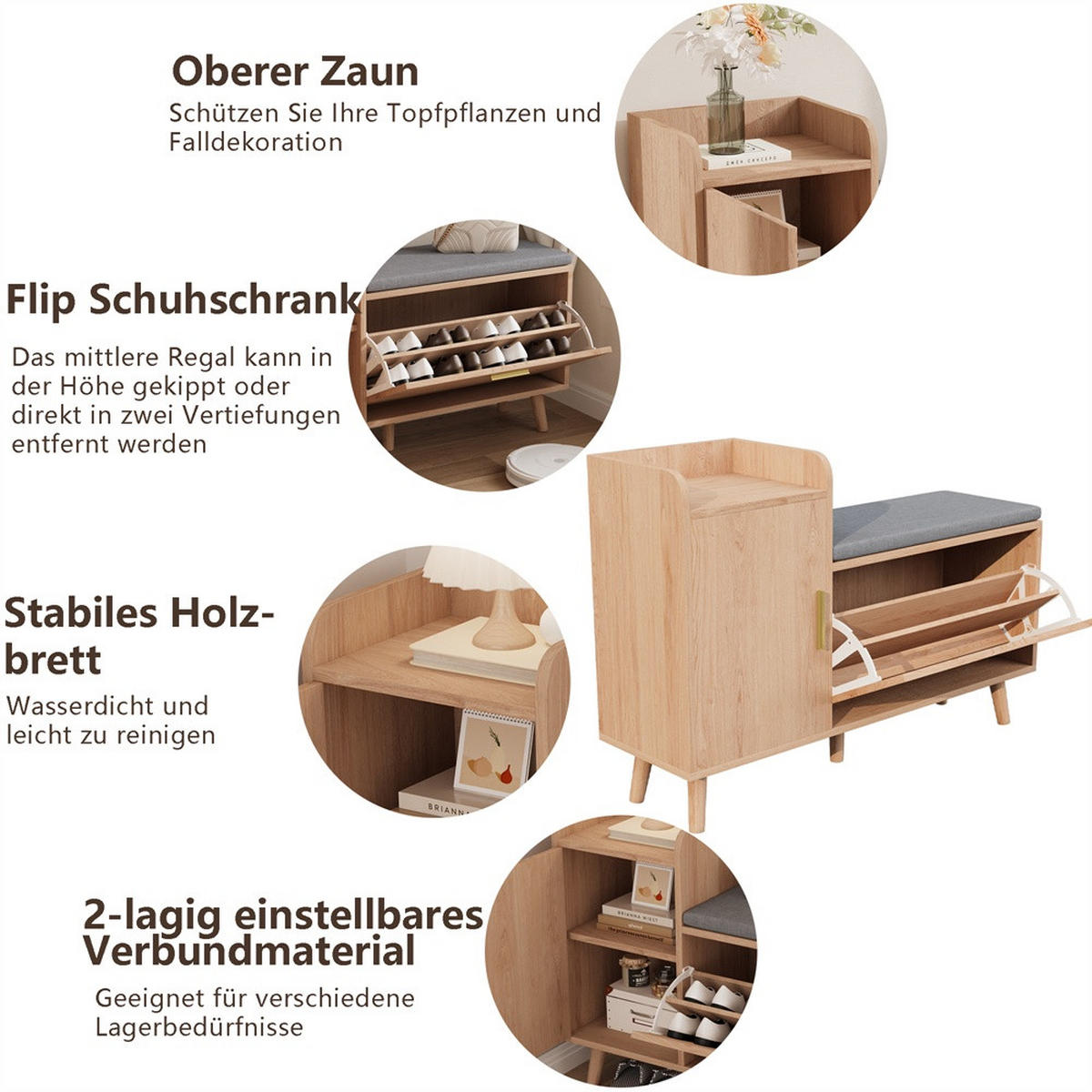 SCHUHBANK mit Sitzkissen und Kippfach - Mehrzweck-Schuhschrank mit Tür und offenem Ablagefach - Natur und Dunkelgrau - Eichefarben, Holzwerkstoff (30/69.5/100cm) - DELFA