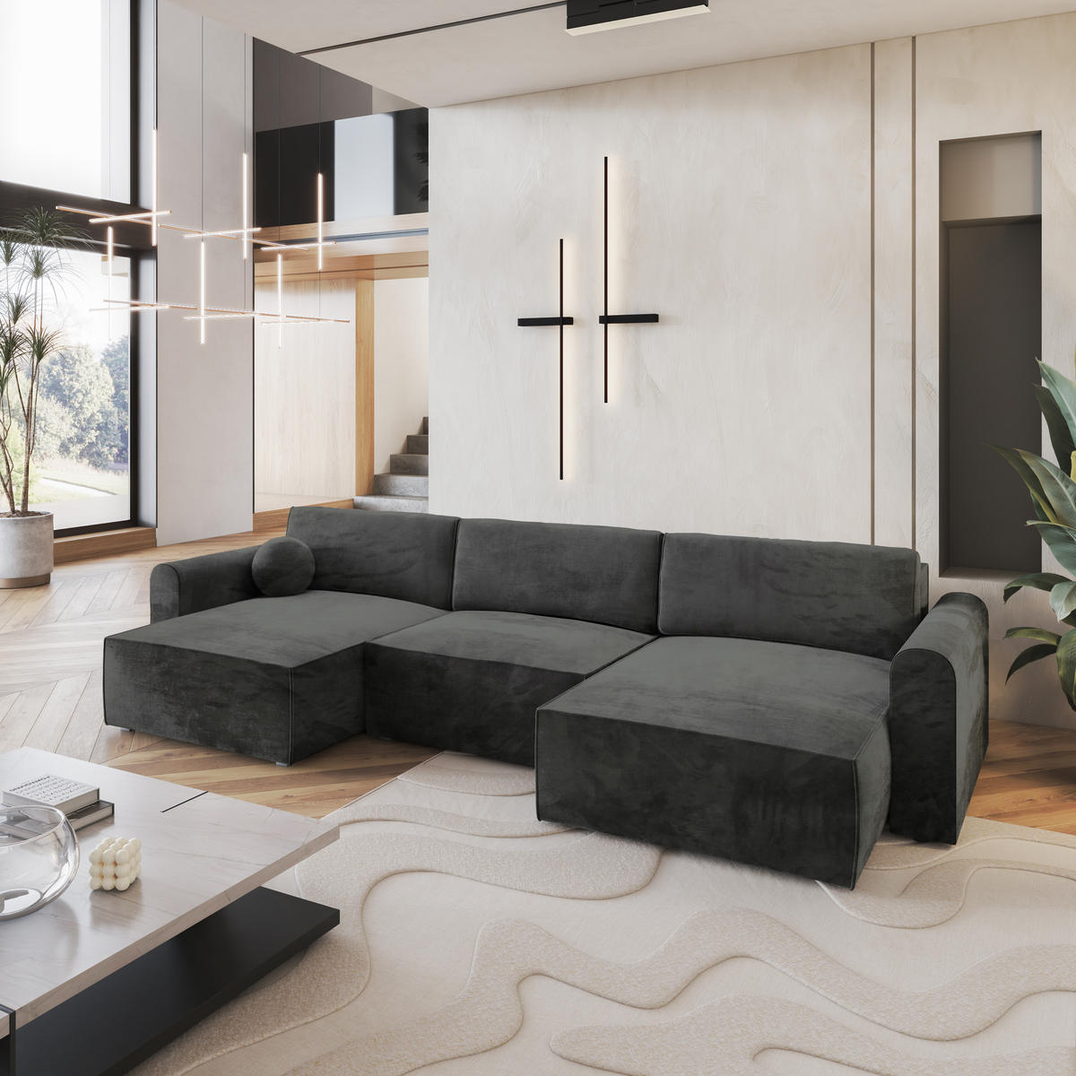 WOHNLANDSCHAFT FENTO M Schwarz Velours-Stoff mit Schlaffunktion - Schwarz, Holz (347/90/148cm) - MASSENO